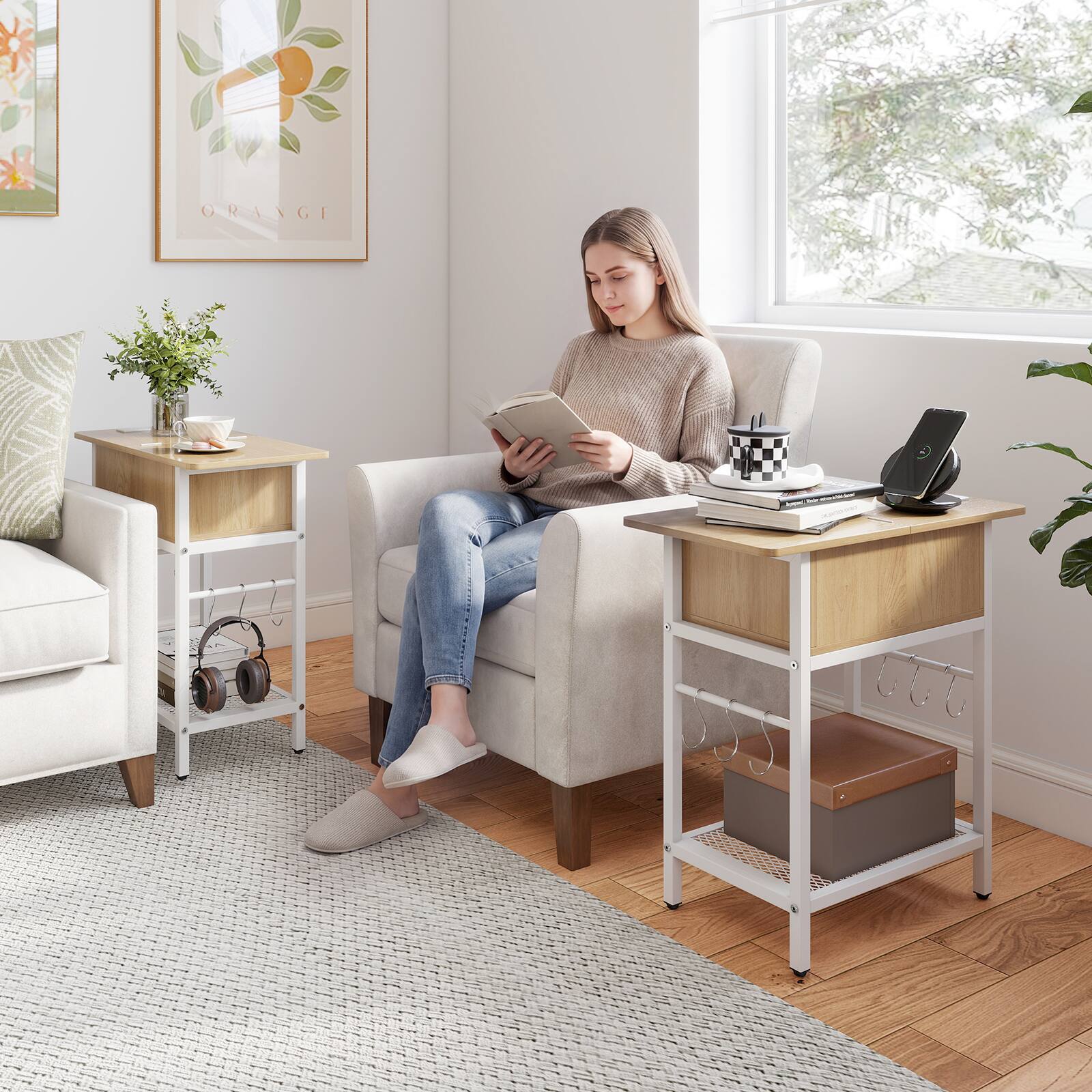 Alt View 1. Costway - Costway End Table with Charging Station, Flip Top Sofa Side Table with USB Ports,Outlets&Shelf - Natural & White.