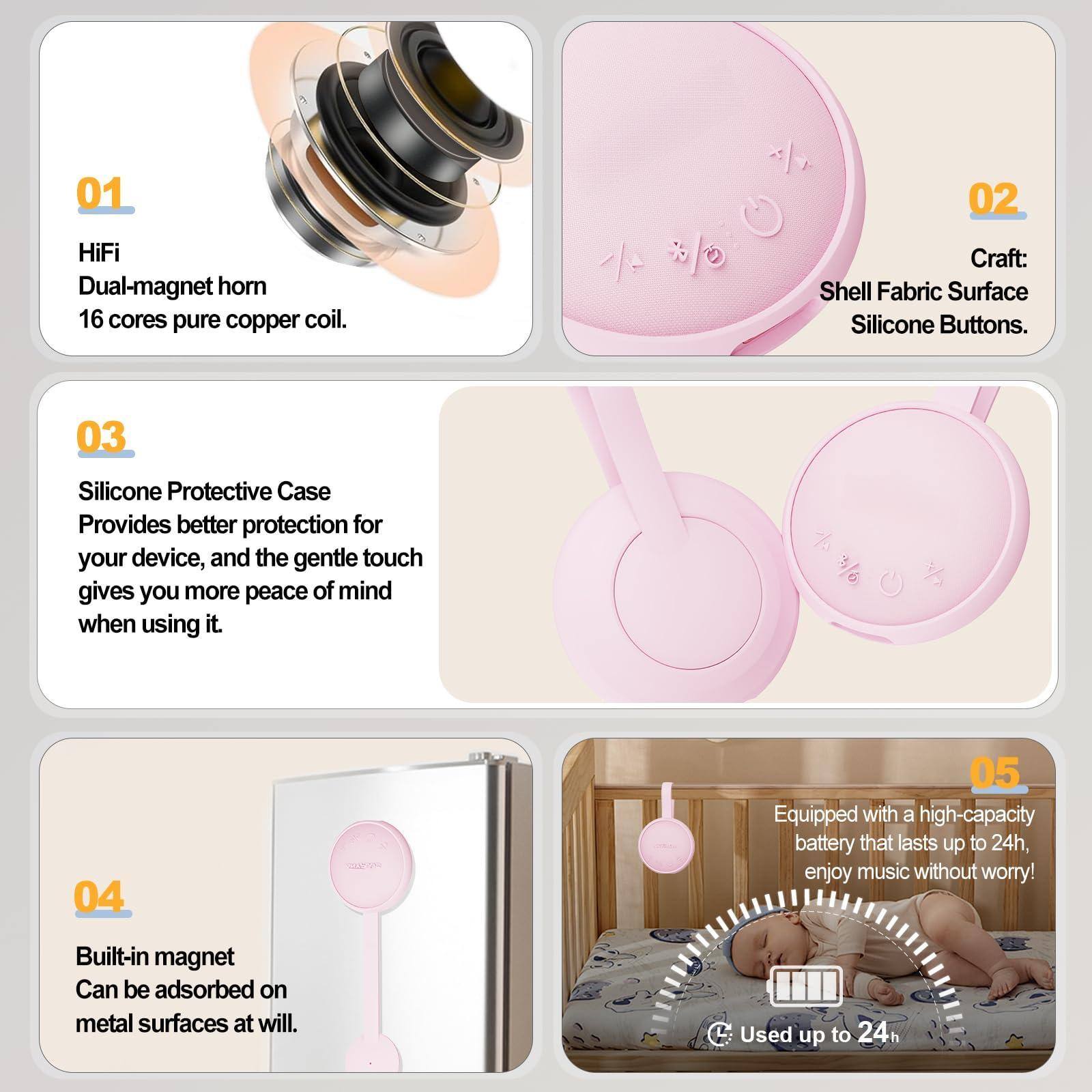 01 HiFi Dual-magnet horn 16 cores pure copper coil.

02 Craft: Shell Fabric Surface Silicone Buttons.

03 Silicone Protective Case Provides better protection for your device, and the gentle touch gives you more peace of mind when using it.

04 Built-in magnet Can be adsorbed on metal surfaces at will.

05 Equipped with a high-capacity battery that lasts up to 24h, enjoy music without worry!