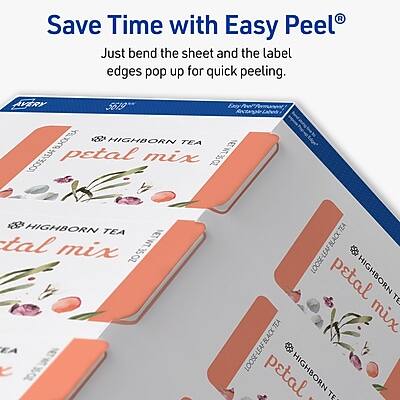Save Time with Easy Peel®  
Just bend the sheet and the label edges pop up for quick peeling.

AVERY 5619  
HIGHBORN TEA  
petal mix  
307wT3  
HIGHBORN TEA  
petal mix  
ELMSPOS  
35 OZ EA  
3 TEA BLACK LOOSE-LEAF  
HIGHBORN petal TEA mix BLACK LOOSE-LEAF HIGHBORN petal