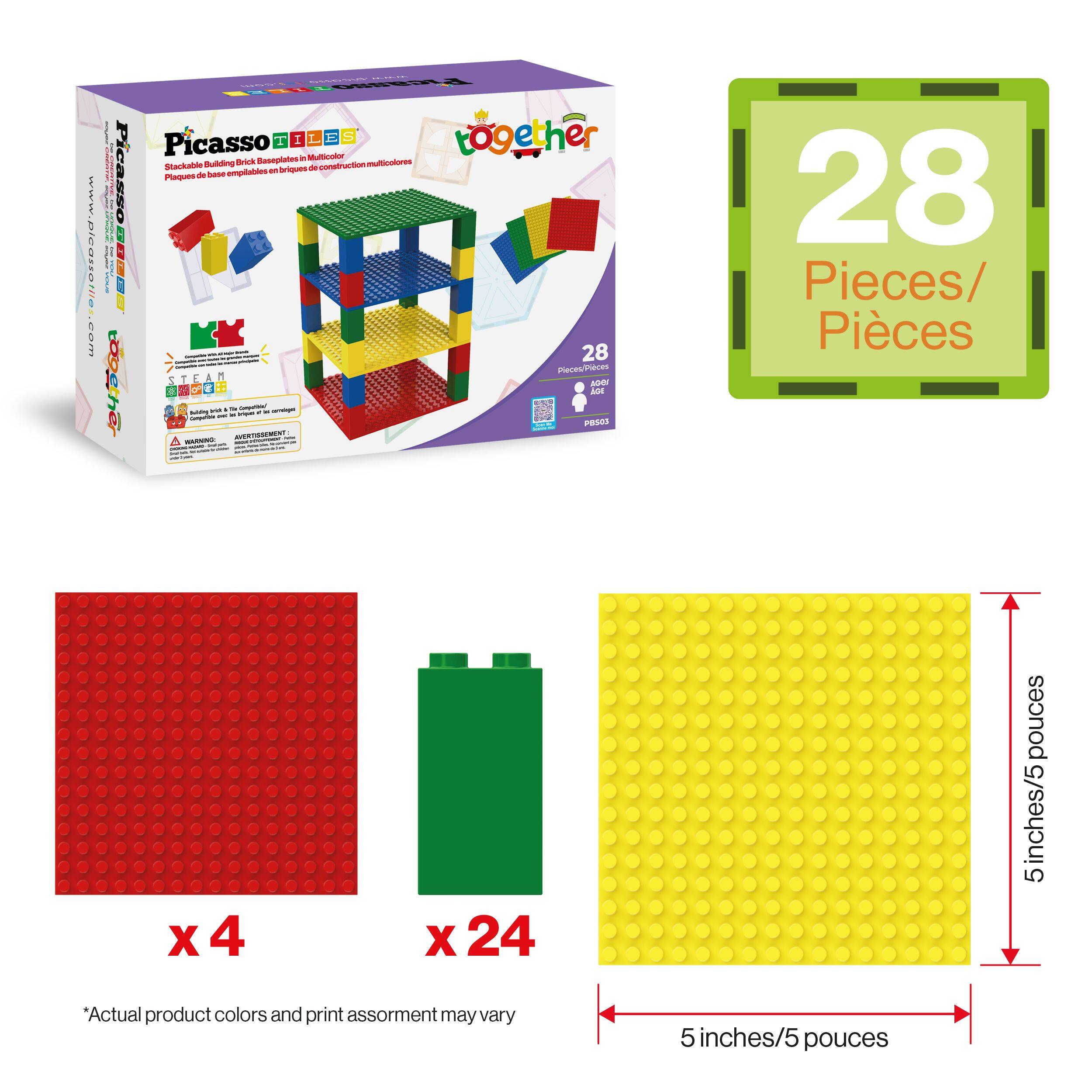 i www.picosonies.com Picasso I I Multicolr S together Bsceplates a Stackabe Bulling Brick construction.multicalores multicnlores briques de cmpiables - Plaues - base Picassogac 28 Plecegtneces 1 boether LO  An  - - - ! - - - - - FE N - 28 Pieces/ Pices X x4 X 24 pouces 5inches/5 5 "Actual product colors and print assorment may vary 5 inches/5 pouces