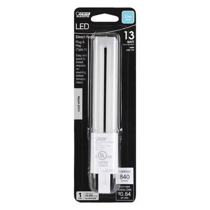 FEIT Electric LED
Direct Replacement
Plug & Play (Type A)
Easy and quick to install, requires no rewiring. Ballast remains intact.
2 PIN 6X2
13 WATT replacement uses only 7W
Brightness: 840 lumens
Estimated Energy Cost: $0.84 per year
UL US LISTED E330072
1 bulb, 25,000 hour, non-dimmable
White
2 PIN 6X2
13 WATT replacement uses only 7W
Brightness: 840 lumens
Estimated Energy Cost: $0.84 per year
UL US LISTED E330072
1 bulb, 25,000 hour, non-dimmable