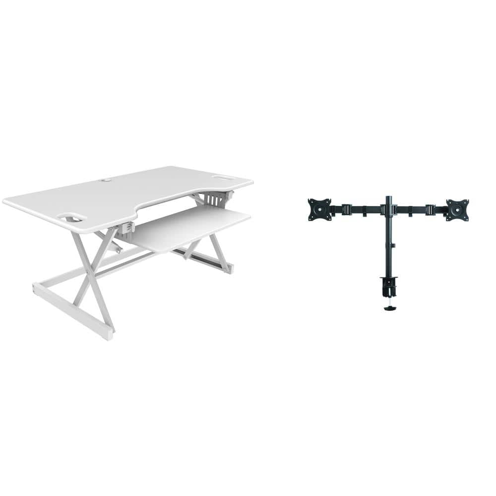 Rocelco - 46" Large Height Adjustable Standing Desk Converter with Double Monitor Mount BUNDLE - White