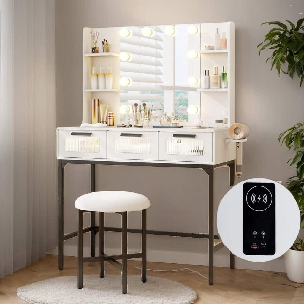 Kadyn - Table & Chair Vanity Set, Vanity Set,Bedroom Makeup Vanity Desk with Hollywood Mirror and Lights - White