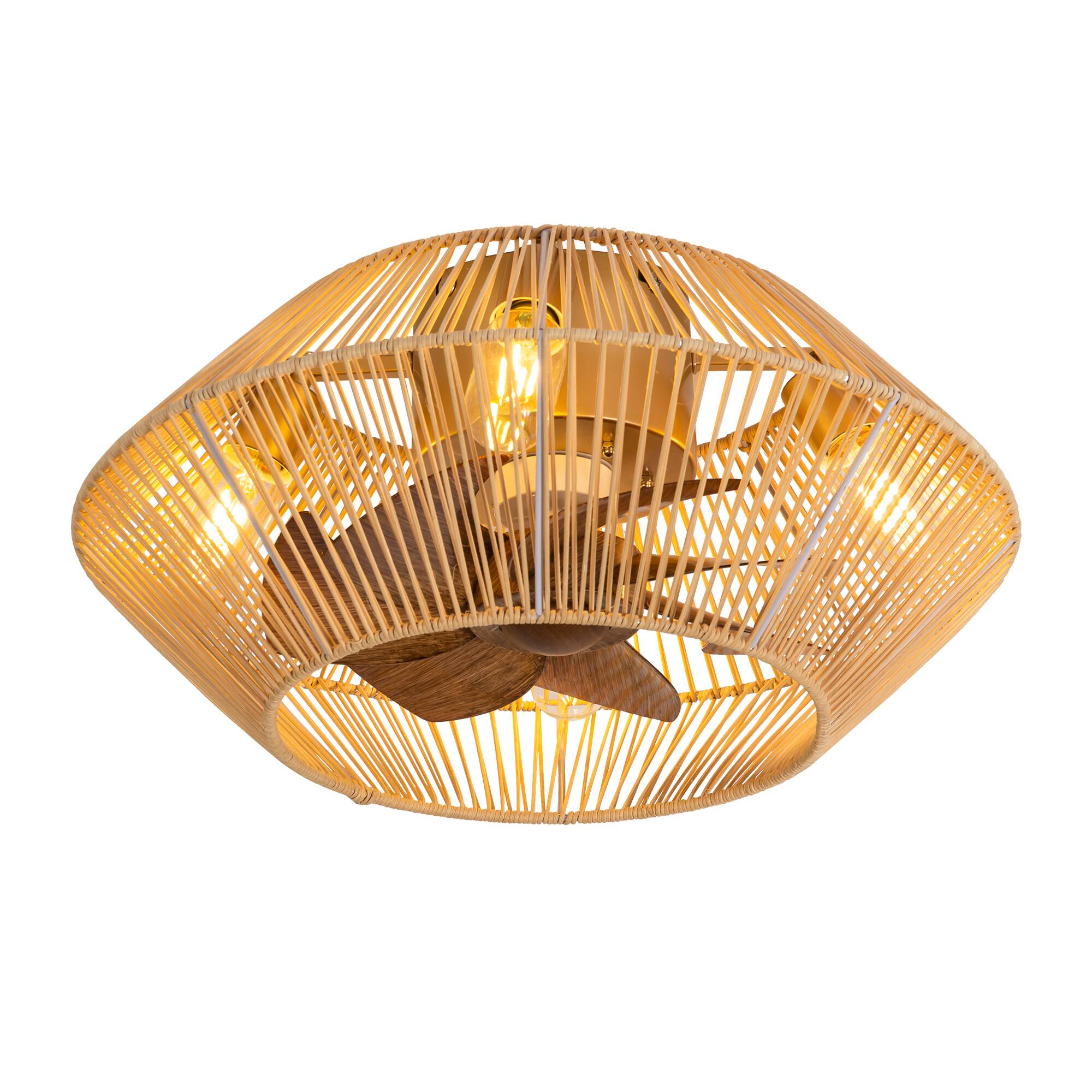 Angle. Breezary - 19" Indoor Caged Rattan Ceiling Fan with LED Light, 7 ABS Blades, 6-Speed, DC Motor, Remote Control with Timer - Gold and Dark Wood Grain.