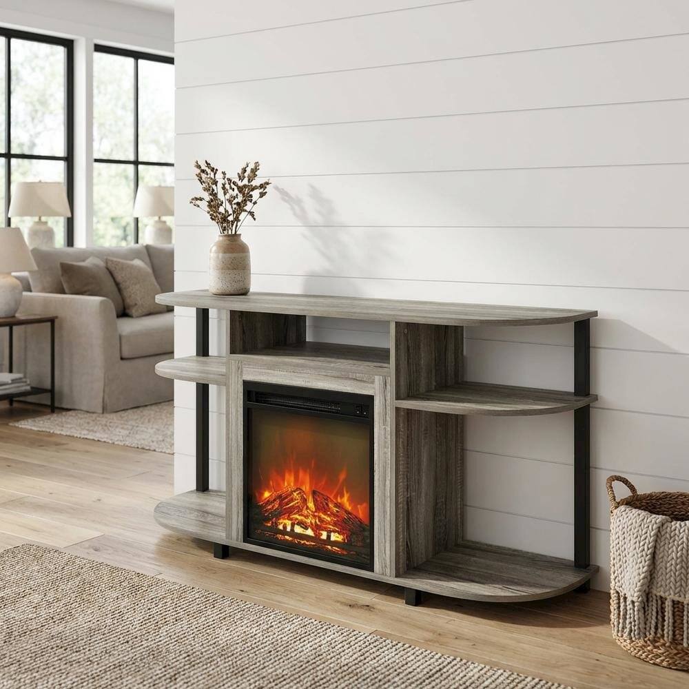 Alt View 1. FurniFact - Gray entertainment center stand, fireplace insert, TV up to 55 inches, solid - Gray.