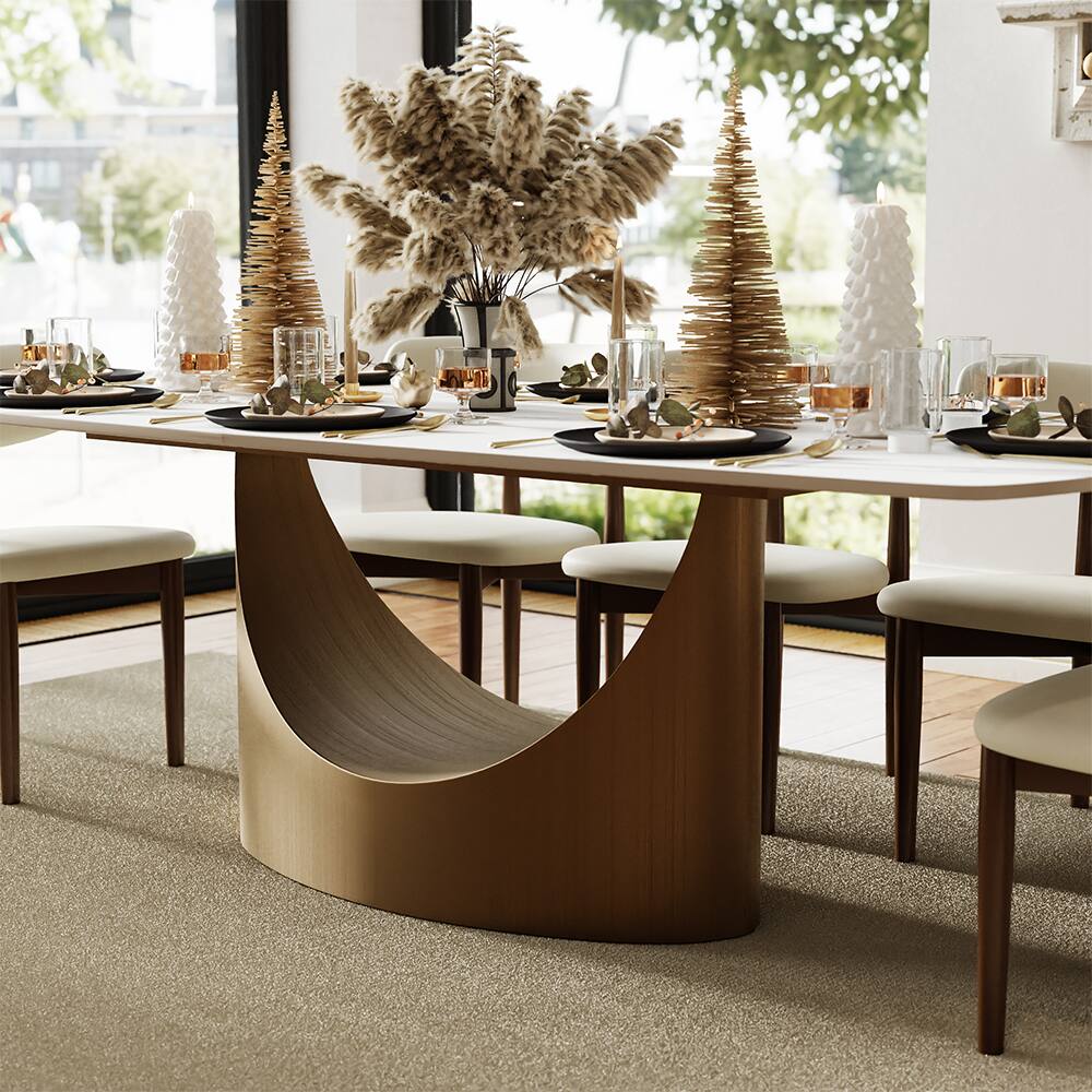 Alt View 2. POVISON - 71" Modern Minimalist Dining Table for 4-6, White Rectangular Matte Sintered Stone Tabletop, Bronze Carbon Steel Leg - Matte White Sintered Stone with Bronze.