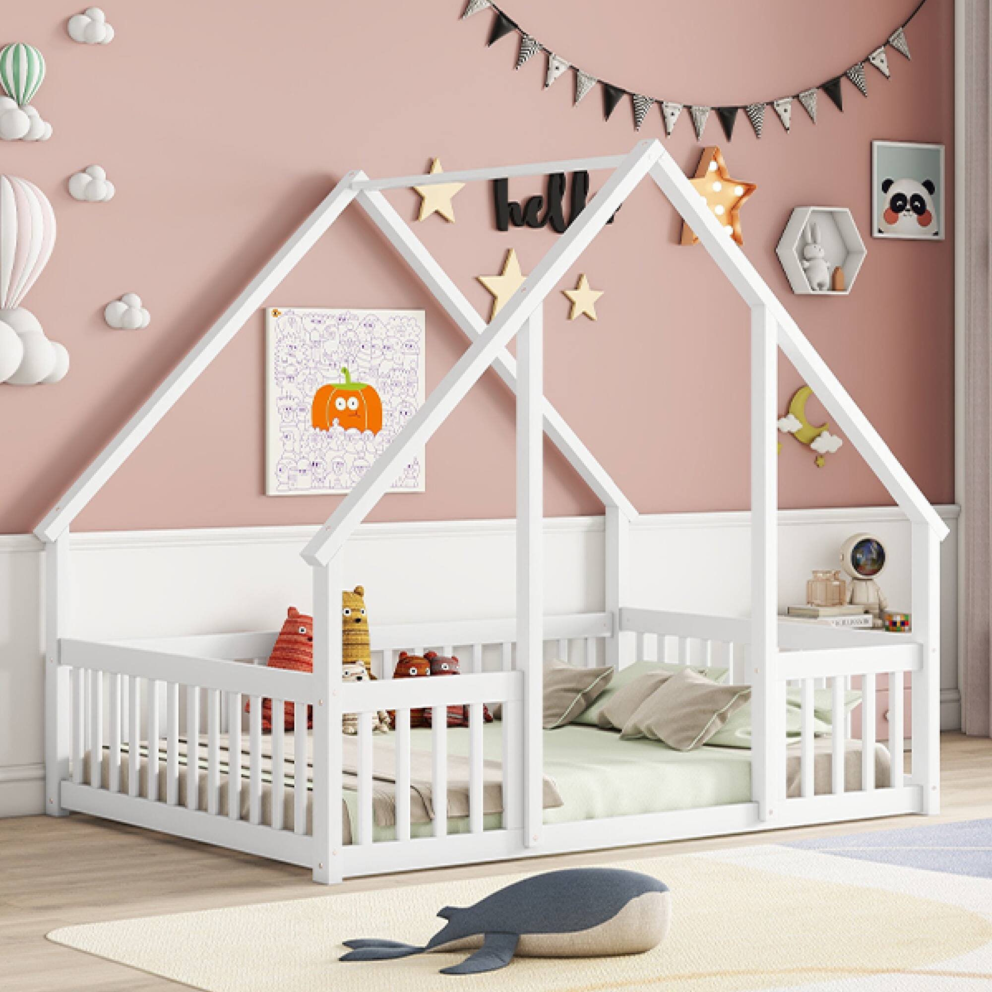 Alt View 10. GOODSILO - House-Shaped Floor Bed with Protective Fence and Guardrails for Children's Bedroom - White.