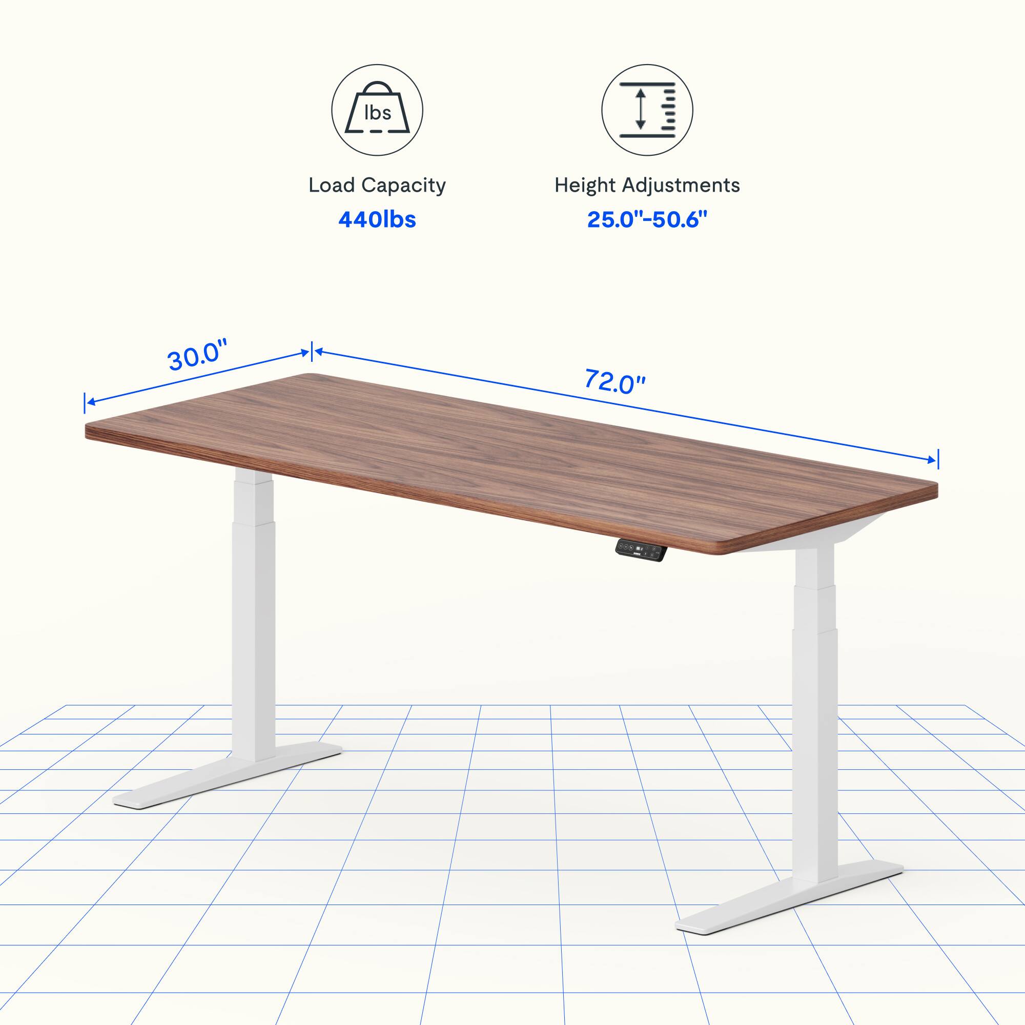 Load Capacity: 440 lbs  
Height Adjustments: 25.0" - 50.6"  
Table Dimensions: 30.0" x 72.0"