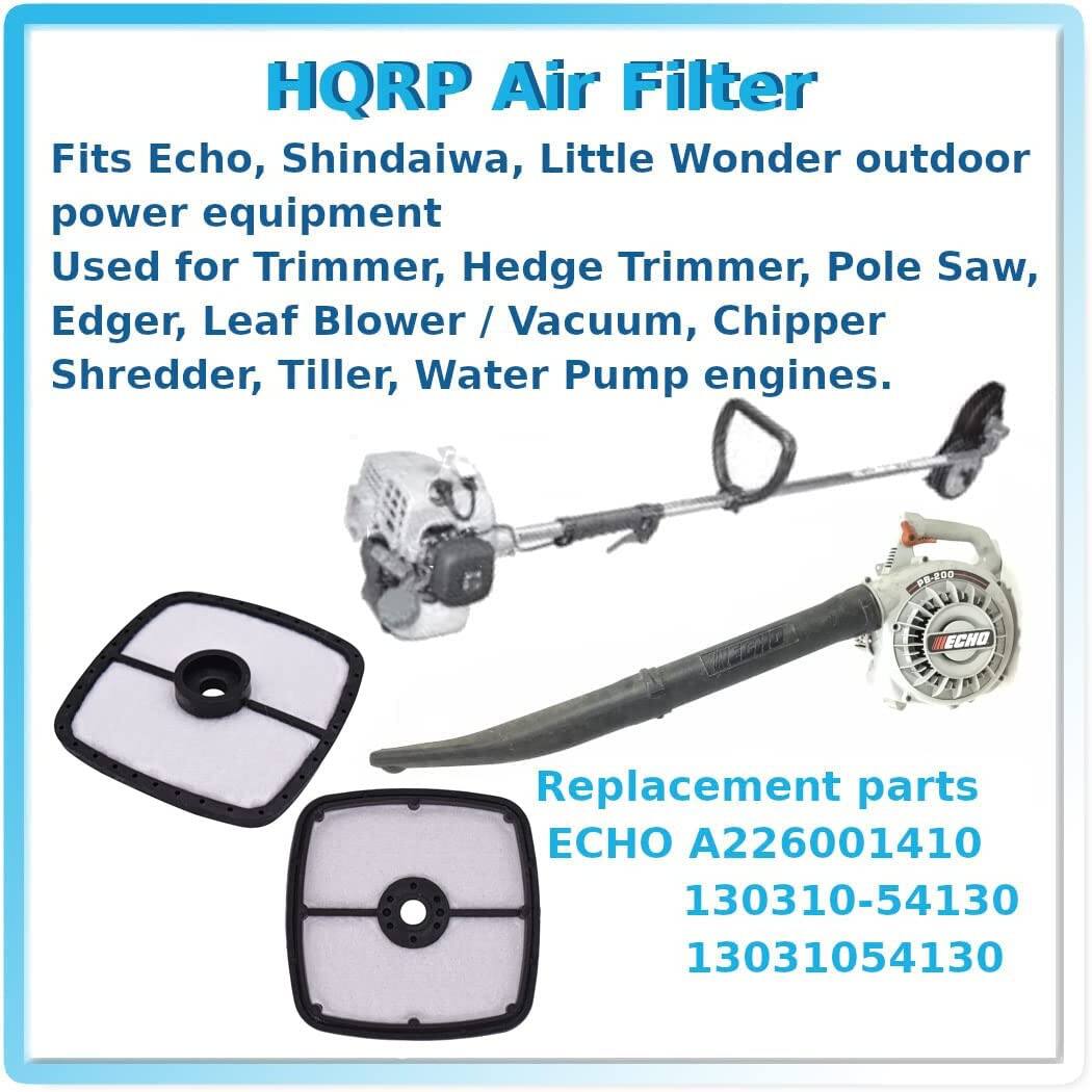 HQRP Air Filter

Fits Echo, Shindaiwa, Little Wonder outdoor power equipment  
Used for Trimmer, Hedge Trimmer, Pole Saw, Edger, Leaf Blower / Vacuum, Chipper Shredder, Tiller, Water Pump engines.

Replacement parts  
ECHO A226001410  
130310-54130  
13031054130