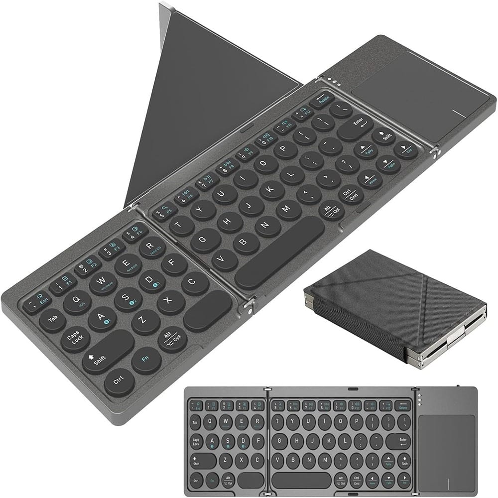 RTMB - Foldable Bluetooth Keyboard, Portable with Touchpad & PU Leather Cover, Gray - Black