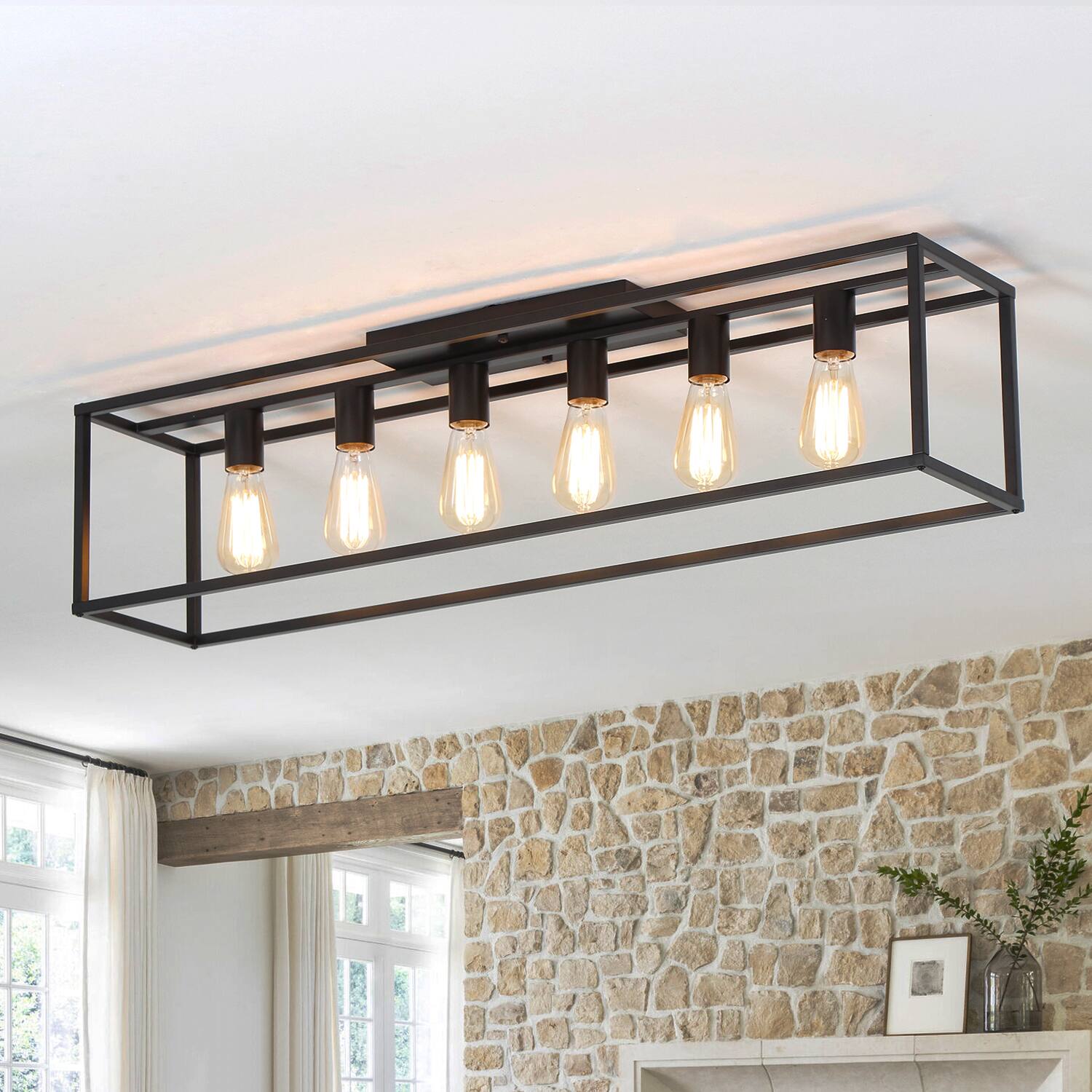 Angle. Umeiluce - 6 Lights Island Ceiling Flush Mount Light Cage Farmhouse Vintagle style for Dinning Room Asile Matte Black finish - Matte Black.