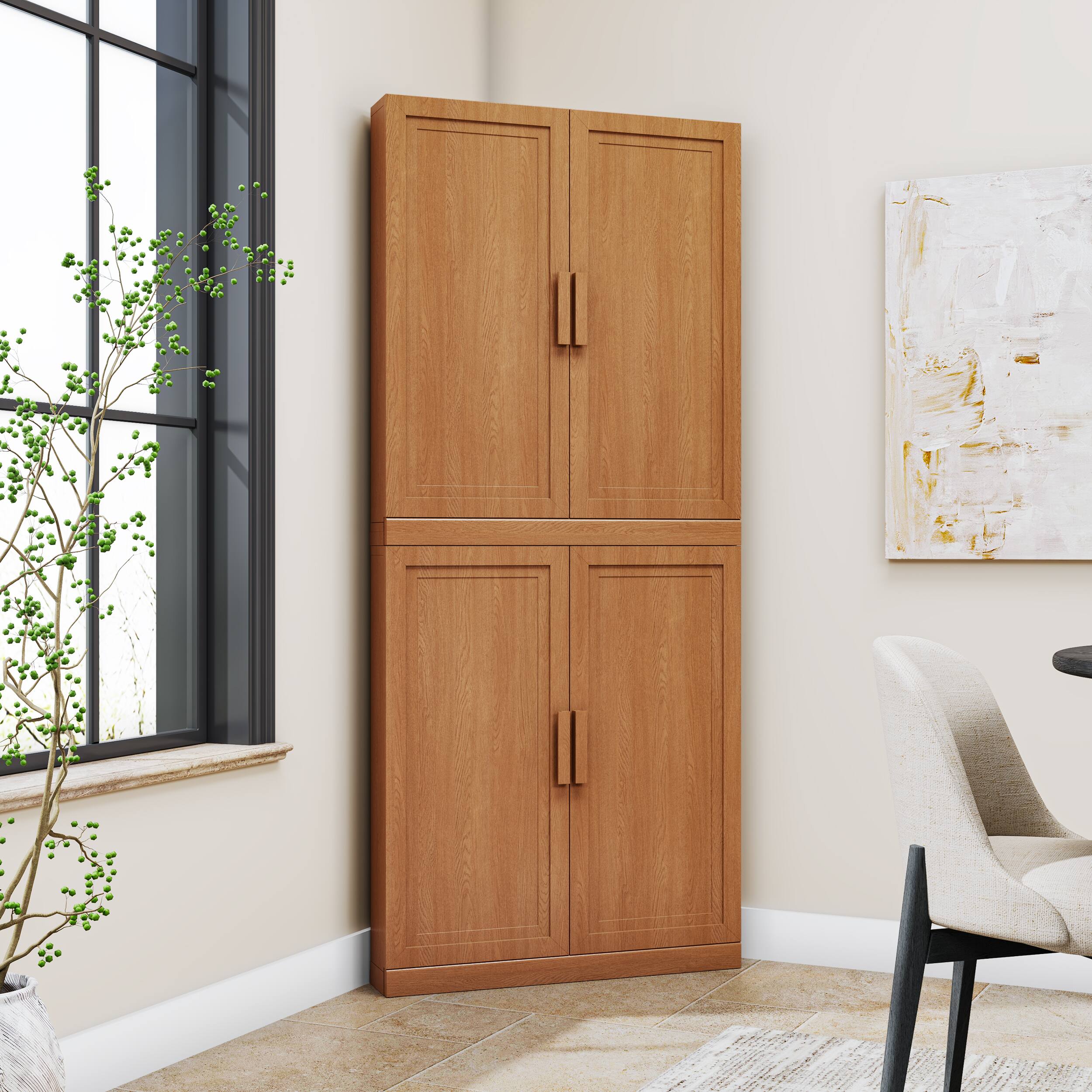 Front. PexFix - 72" Farmhouse Corner Accent Storage Cabinet with Solid Wood Doors and Adjustable Shelves for Space-Saving - Walnut.