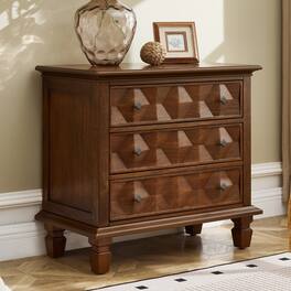 Loheer - Farmhouse Nightstand with Charging Station, Three Drawer Bedside Table - Walnut