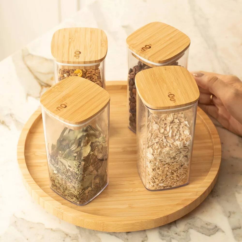 Alt View 6. OU - OU Food Storage Container Set 8pc (set of 4) w Airtight Bamboo Lid, Plastic Food Container - Clear.