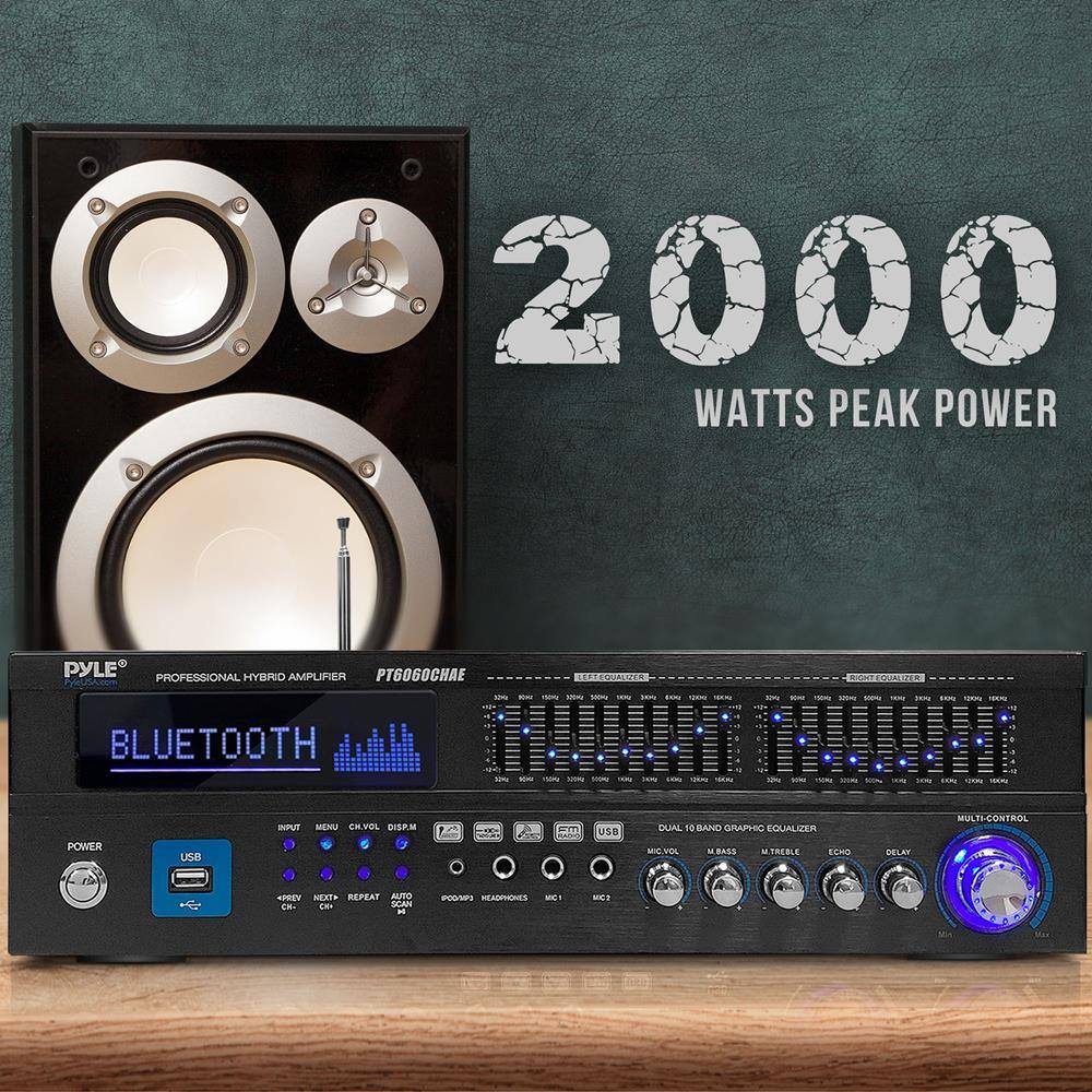 2000 WATTS PEAK POWER

PYLE PROFESSIONAL HYBRID AMPLIFIER PT6060CHAE

- BLUETOOTH
- USB
- DUAL 10-BAND GRAPHIC EQUALIZER
- MIC. VOL
- M. TREBLE
- ECHO
- DELAY
- MULTI-CONTROL
- REPEAT
- AUTO
- READIT
- MEMORY
- USB DUAL
- CH. DISP
- MIC1
- MIC2
- M. PASS
- M. TREBLE
- ECHO
- DELAY
- MULTI-CONTROL
- REPEAT
- AUTO
- READIT
- MEMORY