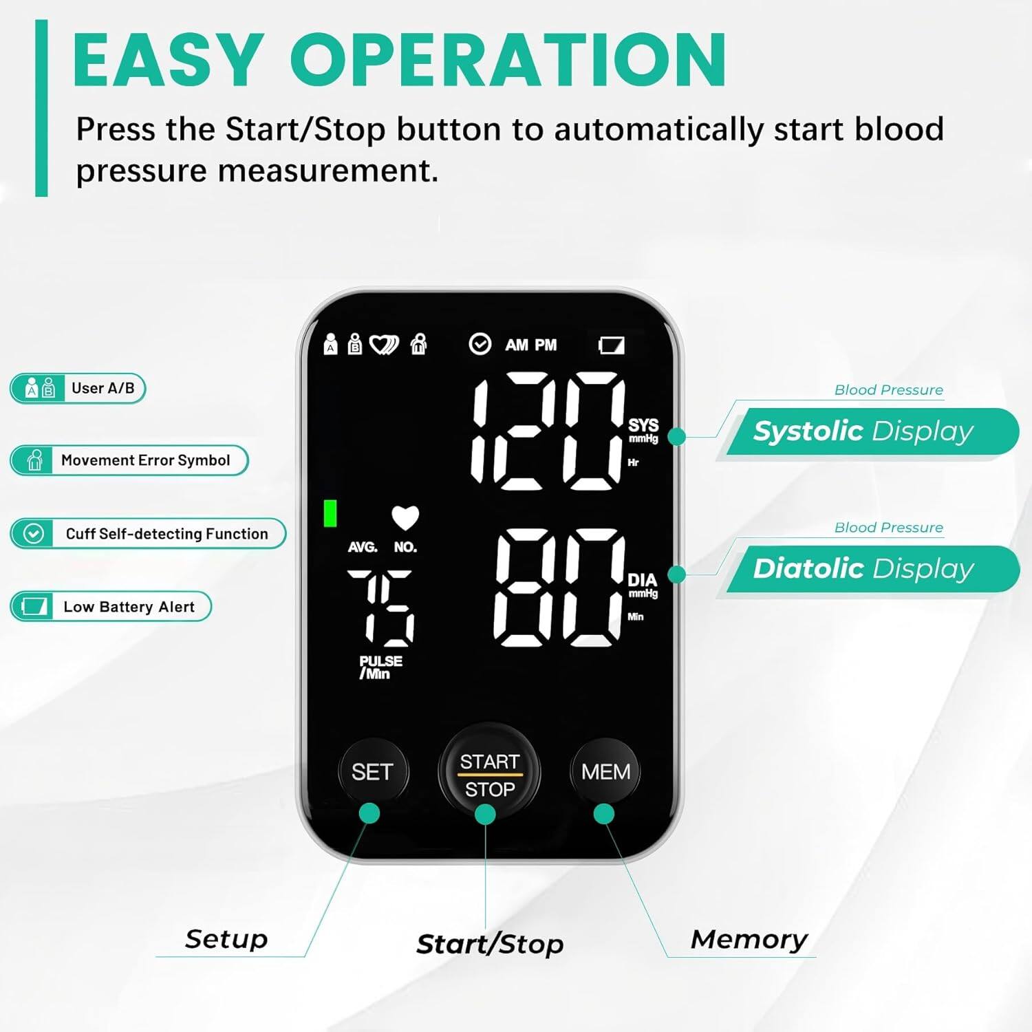 EASY OPERATION  
Press the Start/Stop button to automatically start blood pressure measurement.

- User A/B
- Movement Error Symbol
- Cuff Self-detecting Function
- Low Battery Alert

- Systolic Display
- Diatolic Display

- AVG. NO.
- PULSE /Min

- SET
- START STOP
- MEM

- Setup
- Start/Stop
- Memory