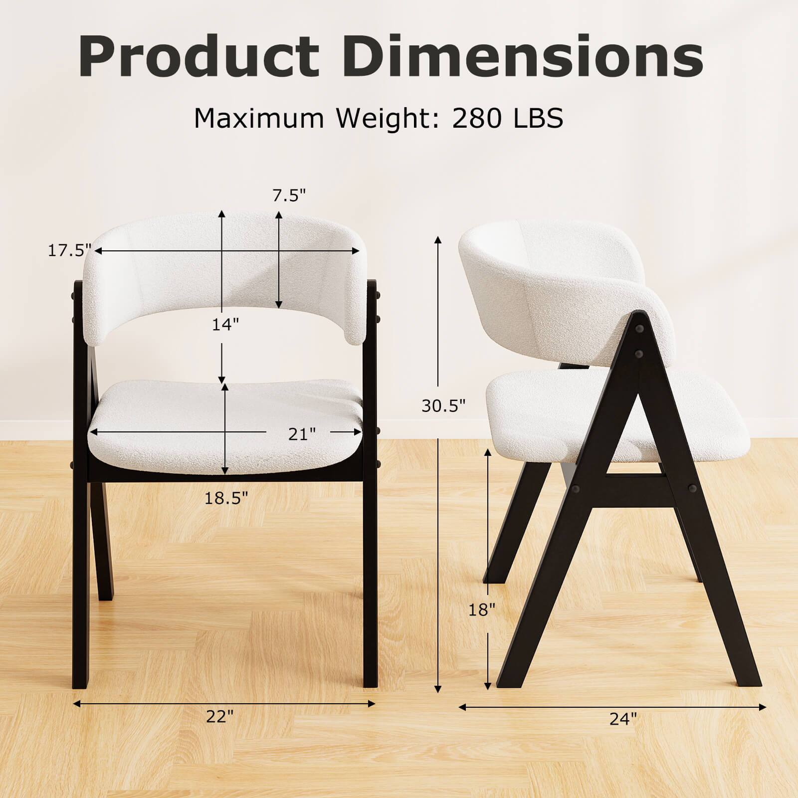 Product Dimensions  
Maximum Weight: 280 LBS  

- Height: 30.5"  
- Width: 24"  
- Depth: 22"  
- Seat Height: 18.5"  
- Seat Width: 21"  
- Back Height: 17.5"  
- Back Width: 14"  
- Armrest Height: 7.5"