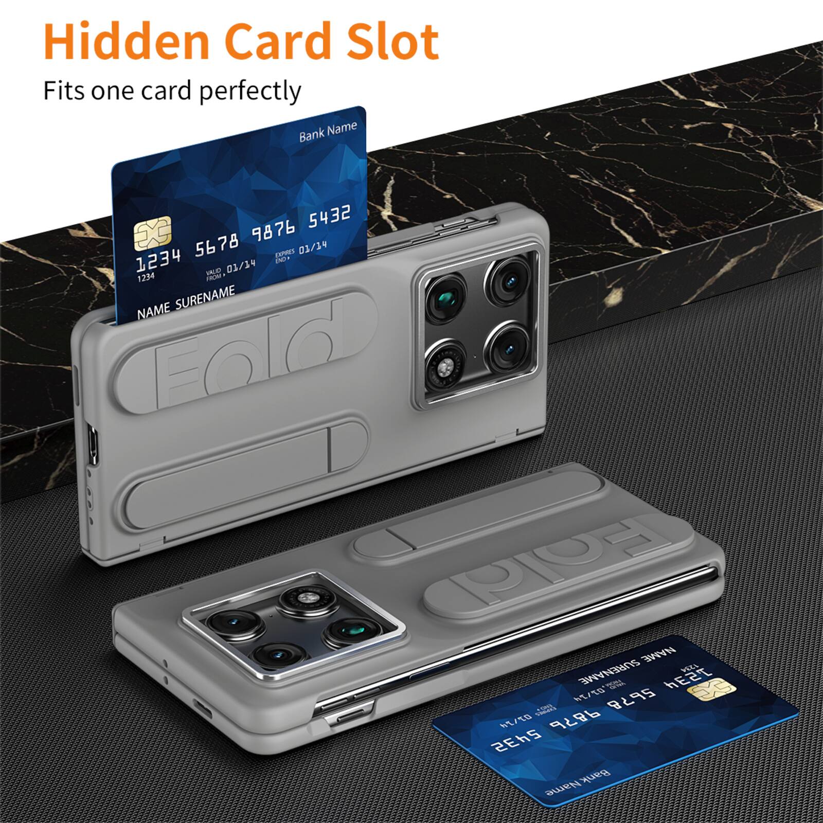 Hidden Card Slot  
Fits one card perfectly  

Bank Name  
1234 5678 9876 5432  
VALID 01/19  

NAME SURENAME  

Bank Name  
1234 5678 9876 5432  
VALID 01/14