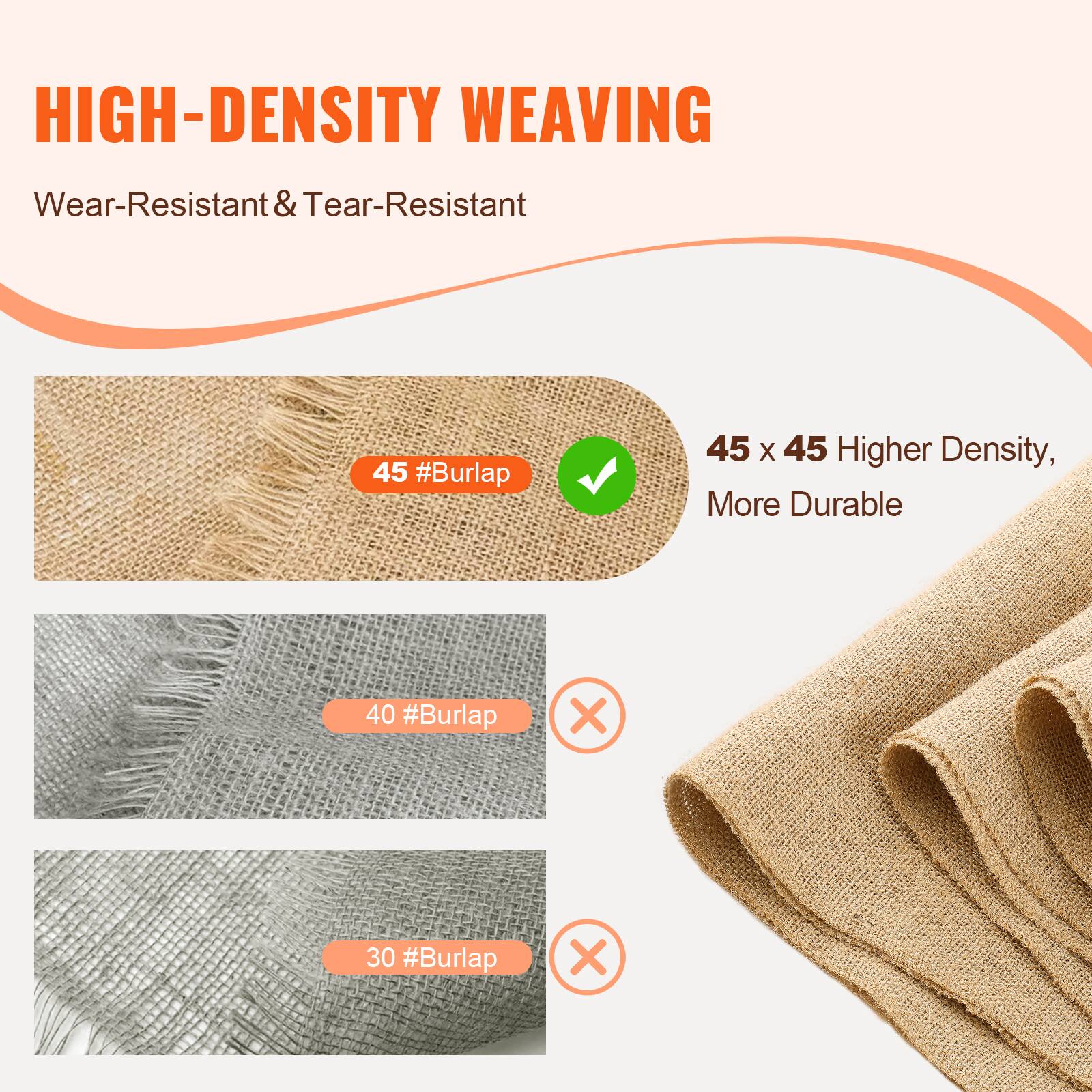 HIGH-DENSITY WEAVING  
Wear-Resistant & Tear-Resistant  

45 #Burlap  
45 x 45 Higher Density, More Durable  

40 #Burlap  
30 #Burlap