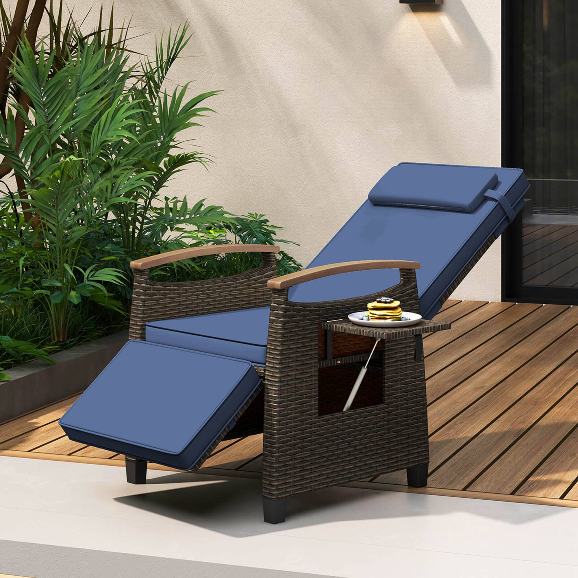 Alt View 3. Costway - 2 PCS Patio Wicker Recliner Chair with Adjustable Backrest Footrest Flip Side Table - Navy.