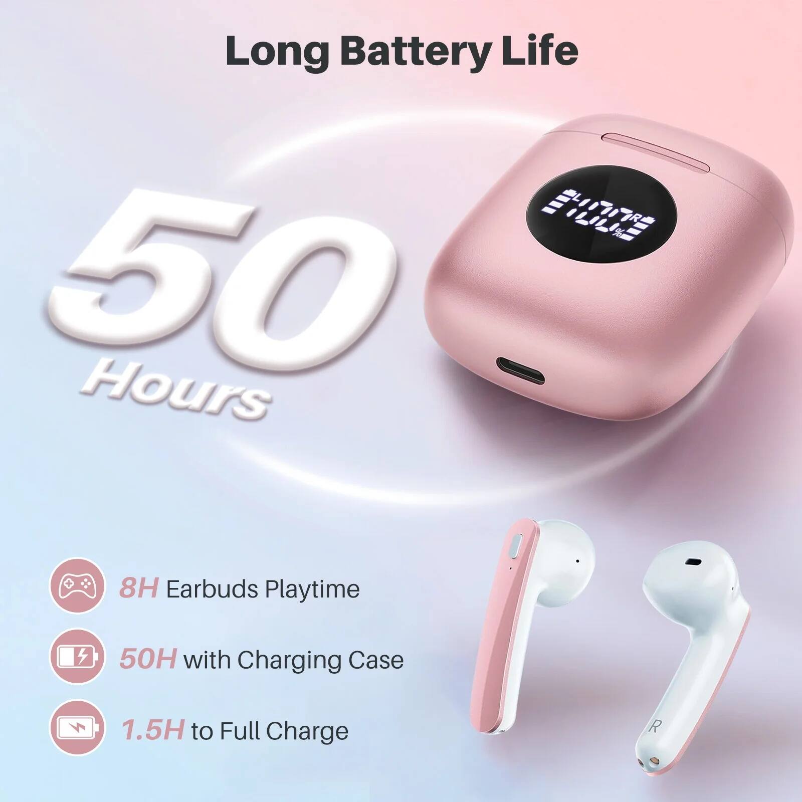 Long Battery Life  
50 Hours  
8H Earbuds Playtime  
50H with Charging Case  
1.5H to Full Charge