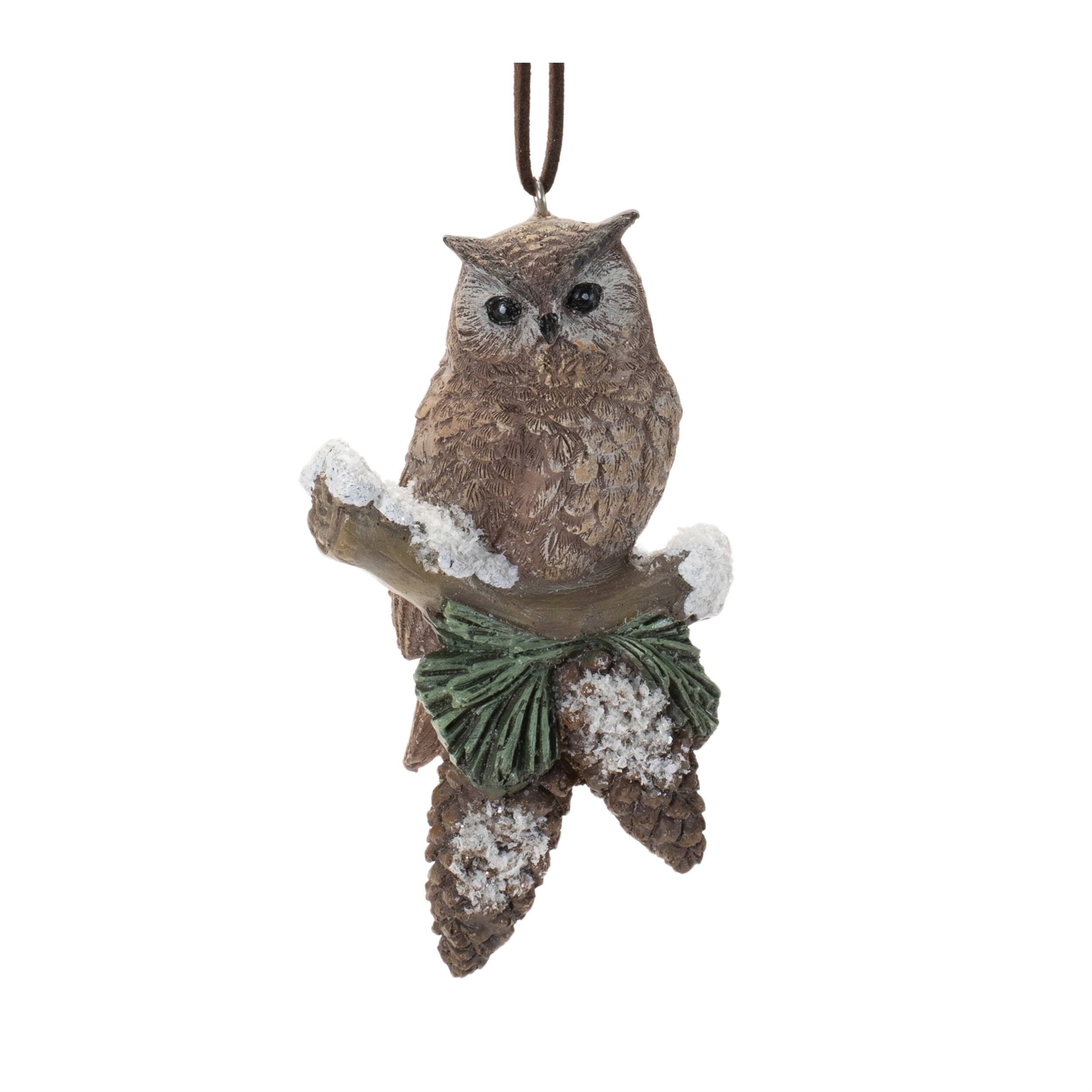 Alt View 1. BreeBe - Snowy Cardinal Bird and Owl Ornament (Set of 12) - Brown, Green.