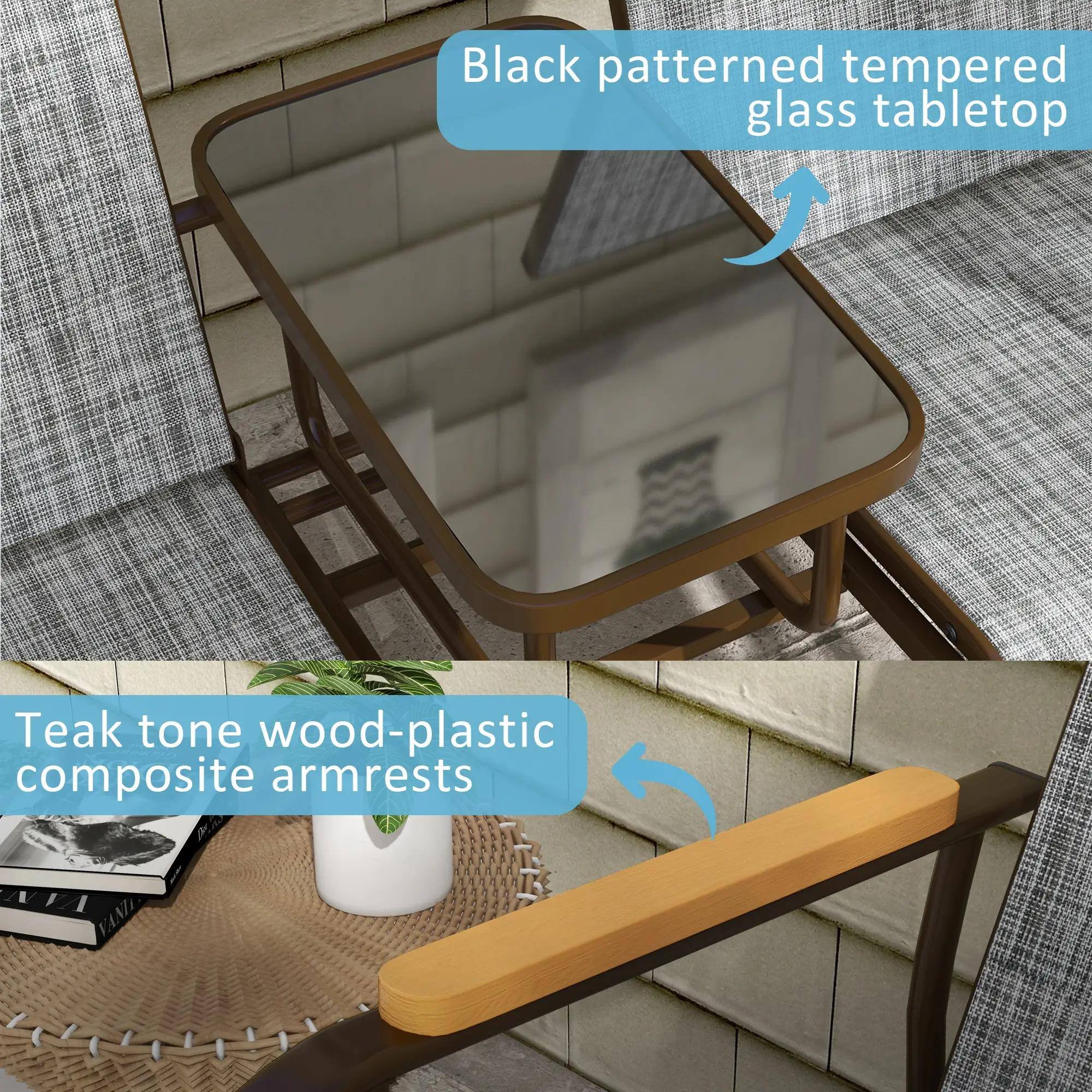 Black patterned tempered glass tabletop

Teak tone wood-plastic composite armrests