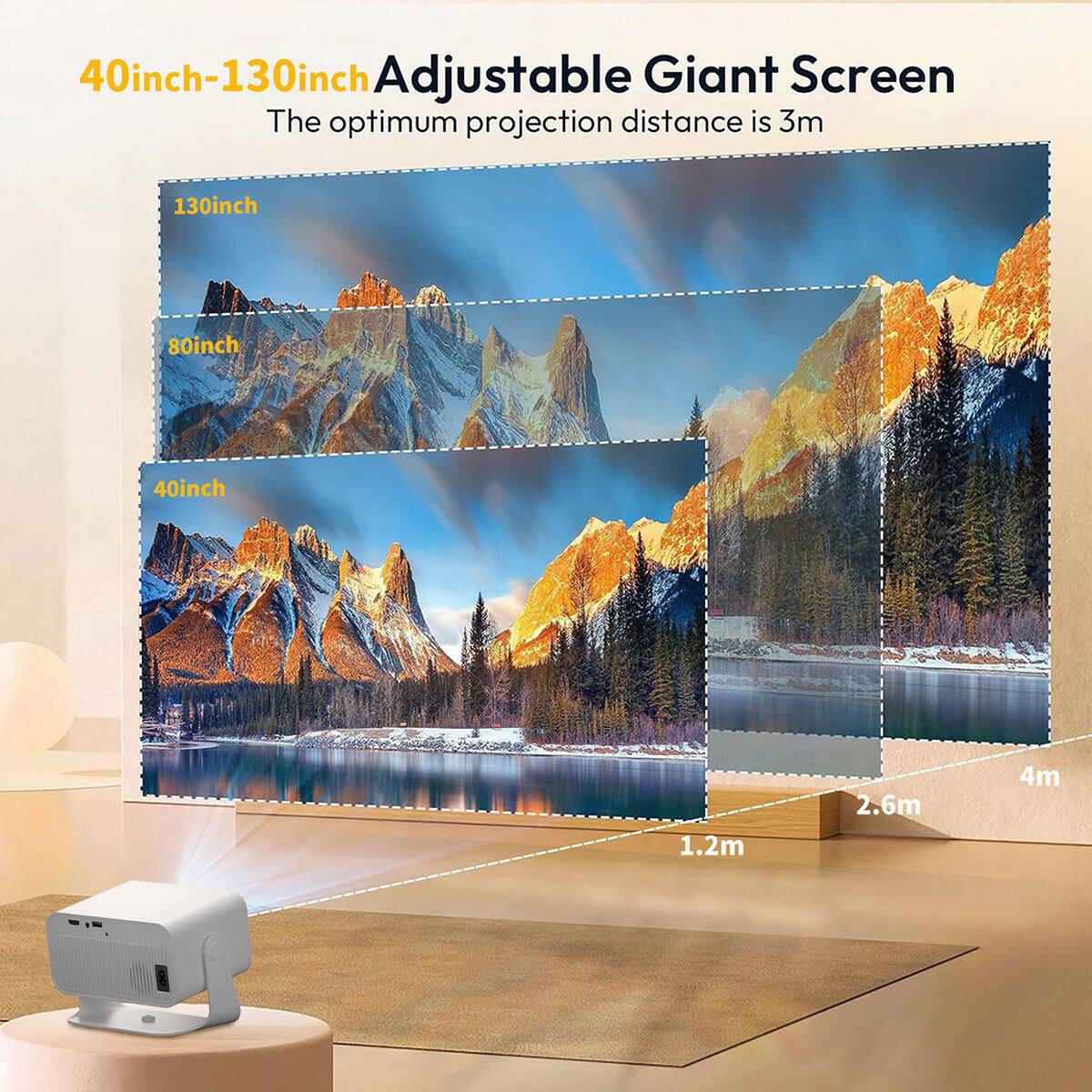 40inch-130inch Adjustable Giant Screen  
The optimum projection distance is 3m  

130inch  
80inch  
40inch  

1.2m  
2.6m  
4m