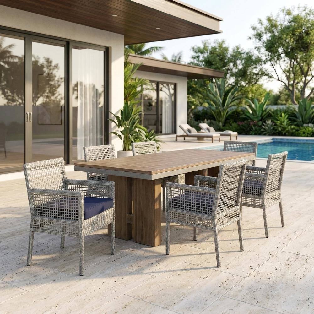 Left. Outdoor Escape - Outdoor Patio Rattan Armchair Set of 4 with Cushioned Seats for Lounge Dining - Gray Navy.