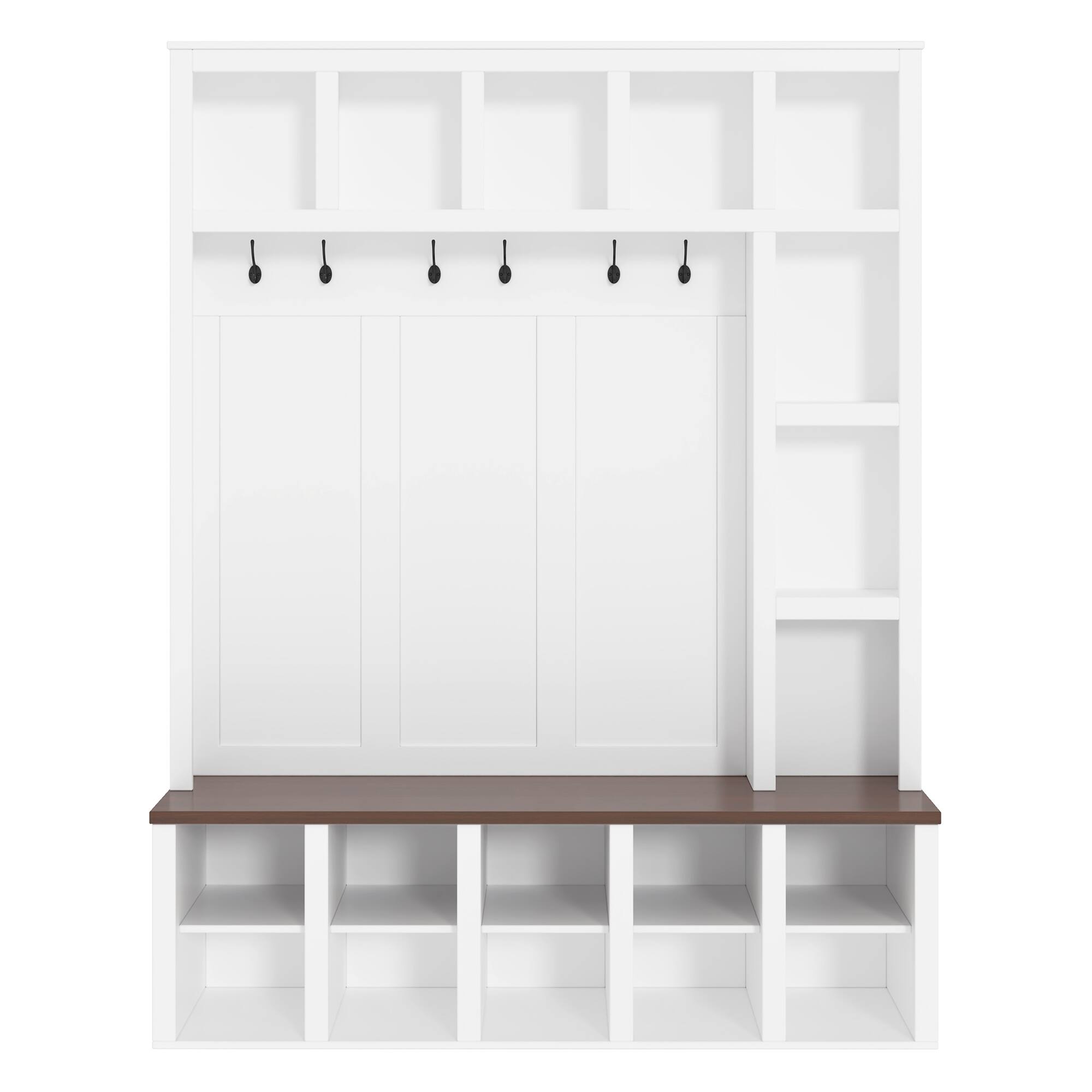 Back. Whisen - 76.7-Inch Hall Tree with Storage Bench, 4-in-1 Entryway Organizer with Adjustable Shelves-White - White.