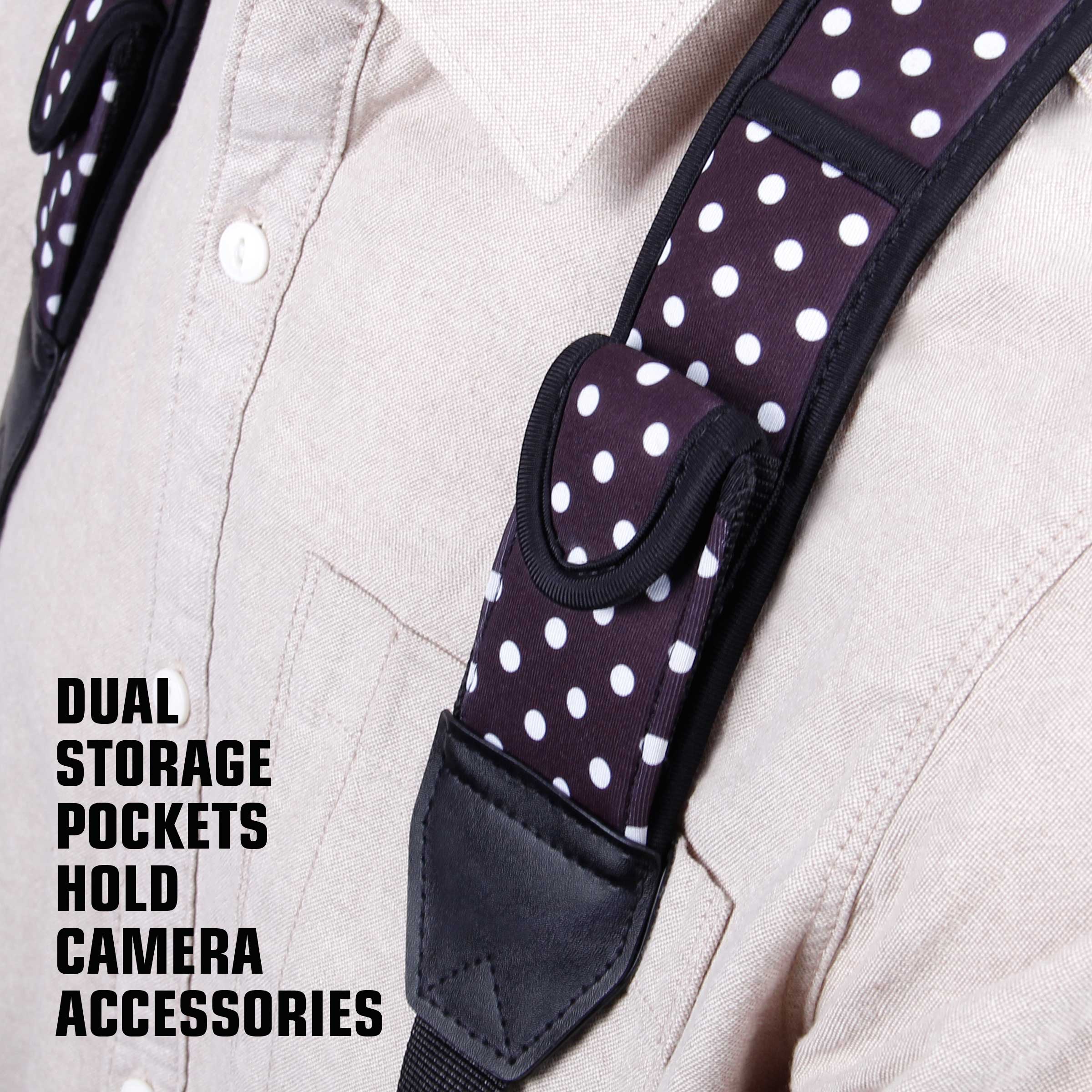 DUAL STORAGE POCKETS HOLD CAMERA ACCESSORIES