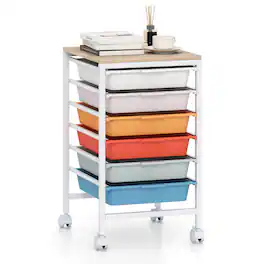 Costway - 6-Drawer Rolling Art & Craft Storage Carts with Wooden Tabletop & Lockable Wheels for Office - Natural + Macaron