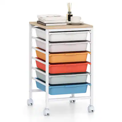Front. Costway - Costway 6-Drawer Rolling Art & Craft Storage Carts with Wooden Tabletop & Lockable Wheels for Office - Natural + Macaron.
