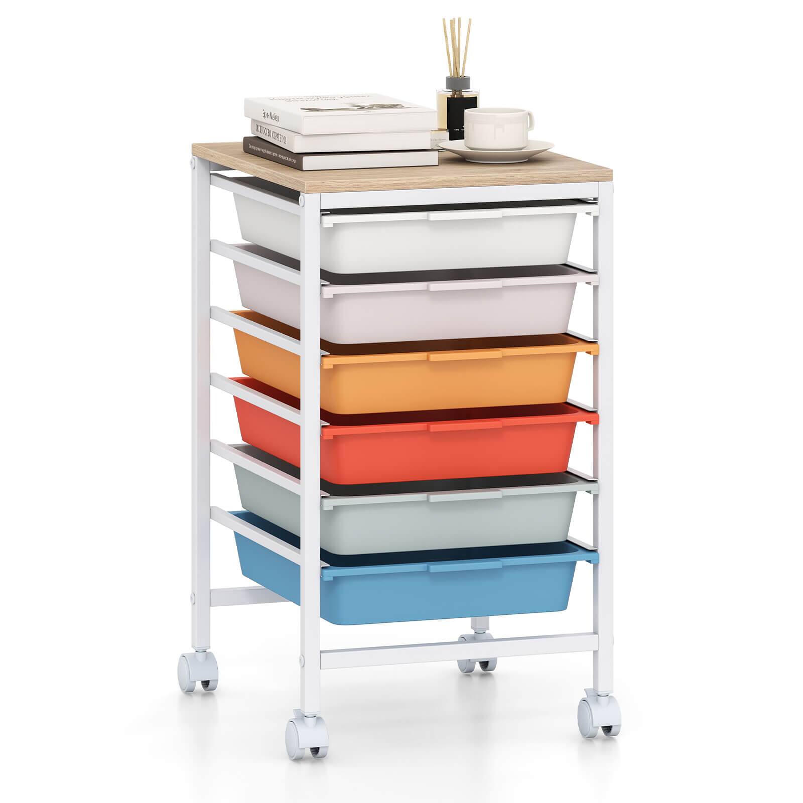 Costway - 6-Drawer Rolling Art & Craft Storage Carts with Wooden Tabletop & Lockable Wheels for Office - Natural + Macaron