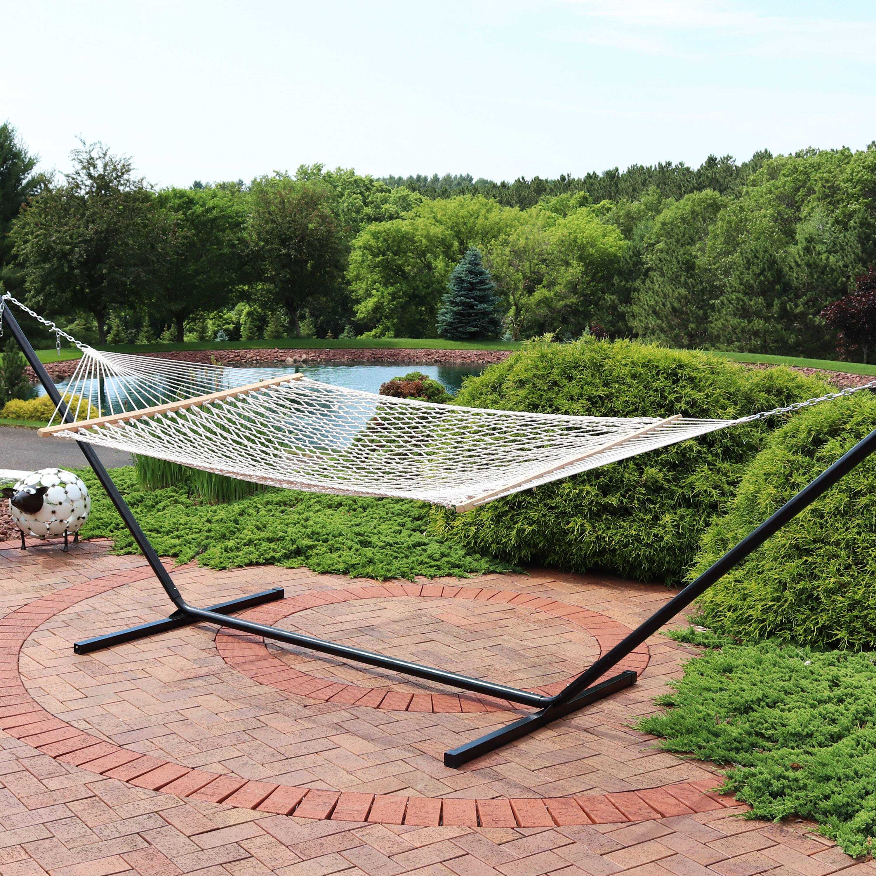 Alt View 2. Sunnydaze - 2-Person Polyester/Cotton Rope hammock with Steel Stand - Off-white.