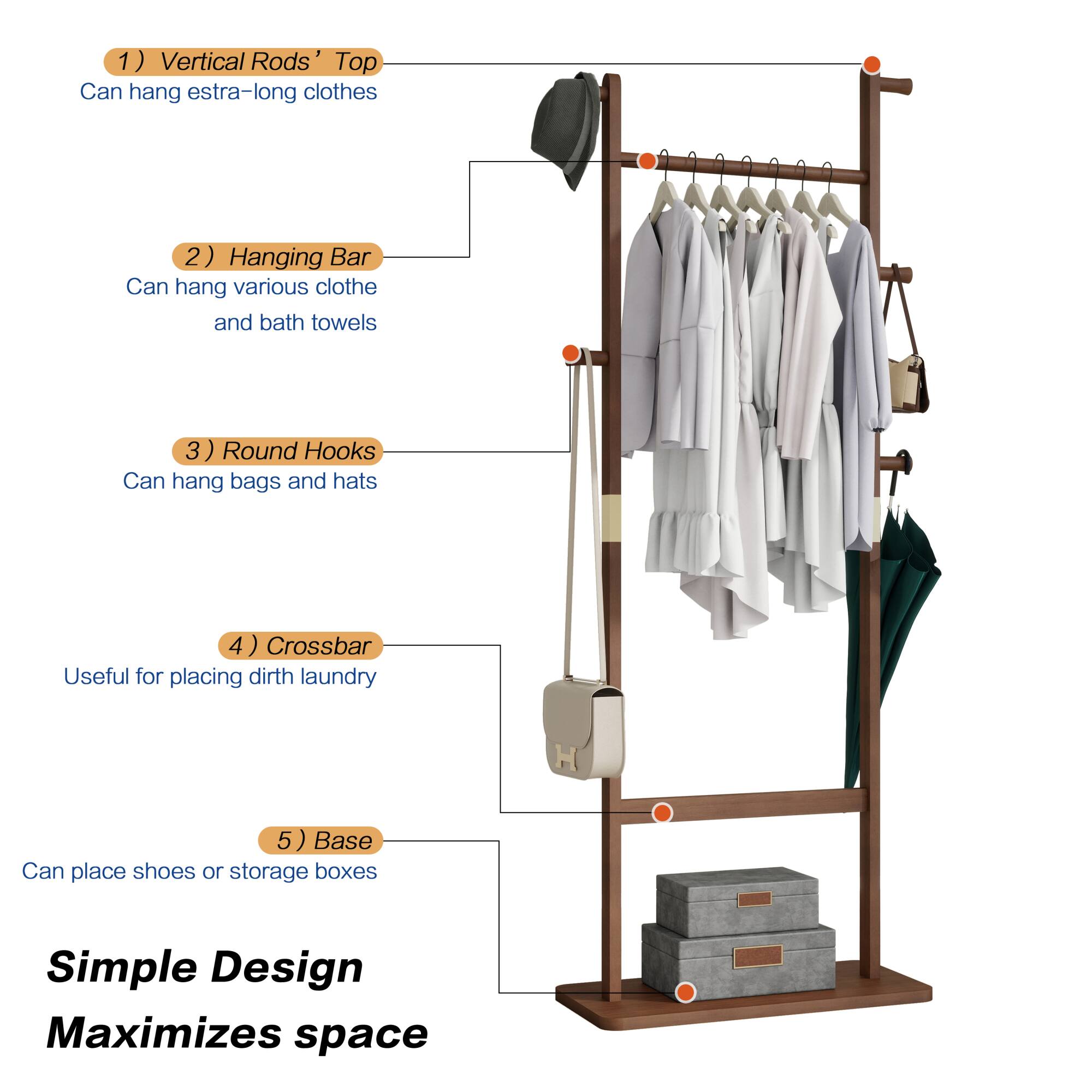 1) Vertical Rods' Top  
Can hang extra-long clothes  

2) Hanging Bar  
Can hang various clothes and bath towels  

3) Round Hooks  
Can hang bags and hats  

4) Crossbar  
Useful for placing dirty laundry  

5) Base  
Can place shoes or storage boxes  

Simple Design Maximizes space