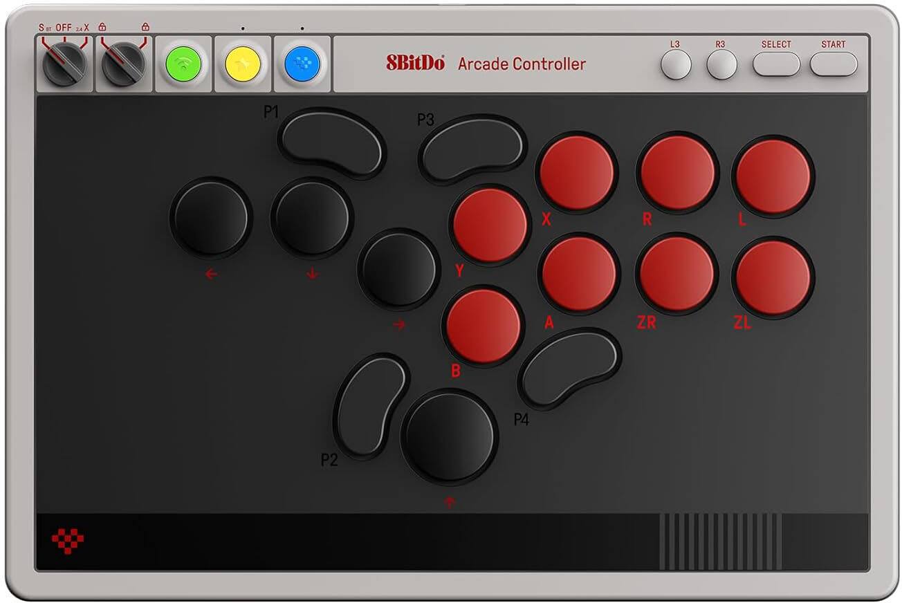 Sure, here is the corrected and grouped text from the image:

**Top Left:**
- S
- OFF
- 24X

**Top Center:**
- SBitDo Arcade Controller

**Top Right:**
- L3
- R3
- SELECT
- START

**Buttons:**
- P1
- P2
- P3
- P4

**Directional Arrows:**
- Left
- Down
- Up
- Right

**Action Buttons:**
- X
- Y
- A
- B

**Additional Buttons:**
- L
- R
- ZL
- ZR

**Indicator Lights:**
- Green (Wi-Fi)
- Yellow
- Blue

**Bottom Left:**
- (Icon resembling a pixelated heart)