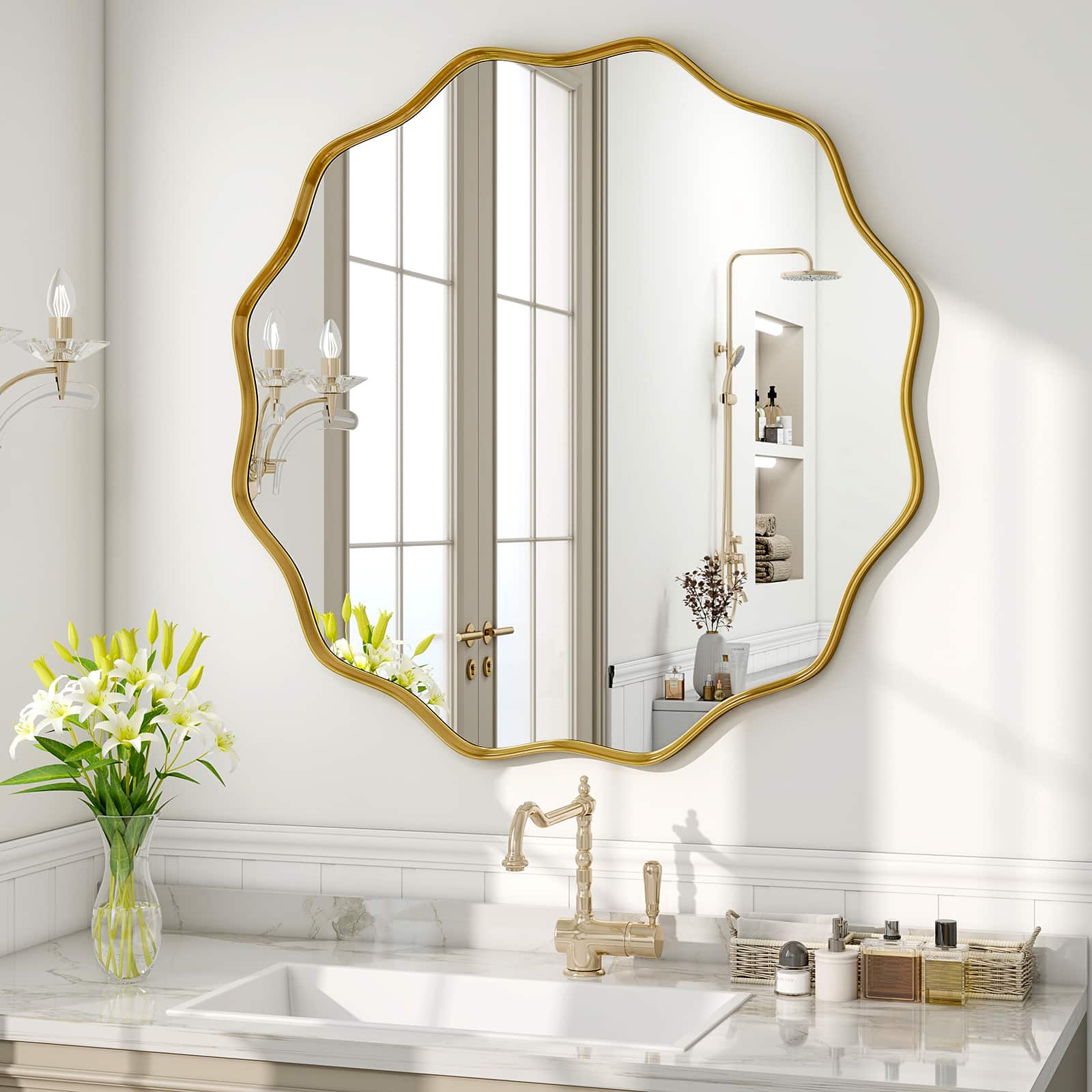 Easly - 24 in. W x 24 in. H Round Aluminum Alloy Framed Vanity Wall Mirror - Gold