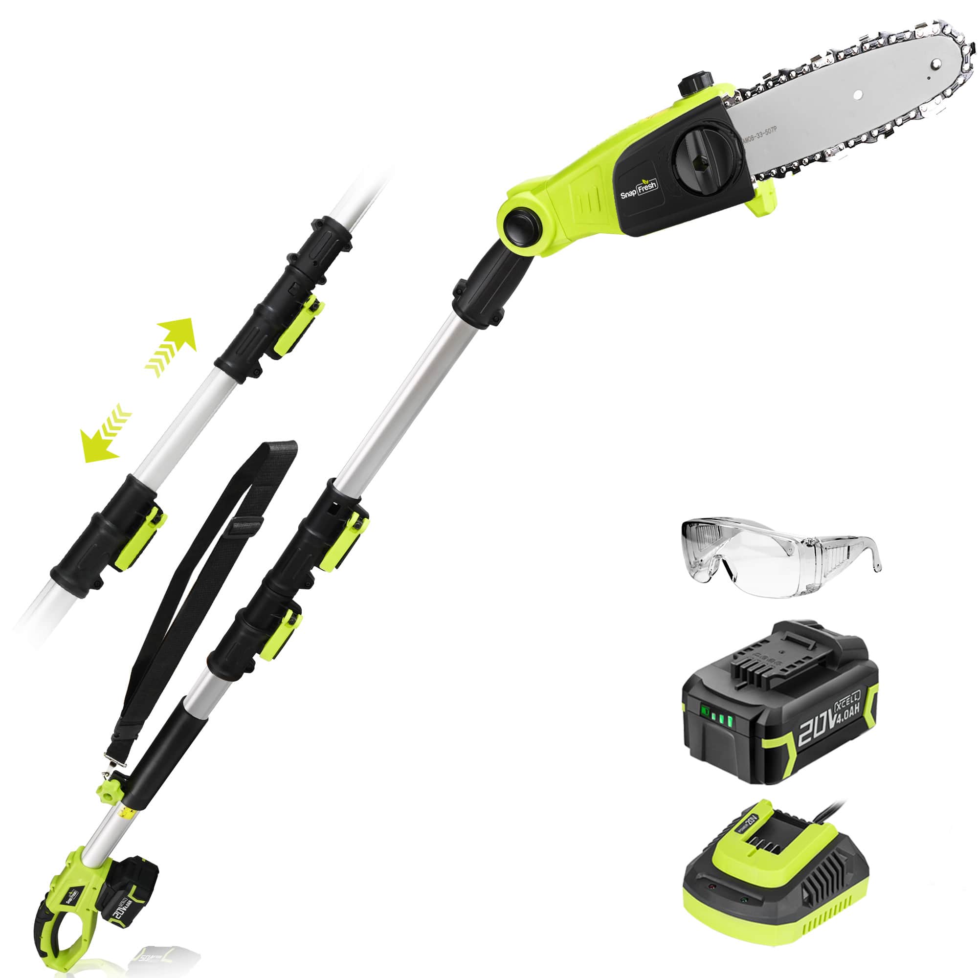 SnapFresh - 20V Brushless Cordless Pole Saw – 8" Cutting Bar, 3-Angle Adjustable Head, Extension Pole, and 4.0Ah Battery - Green