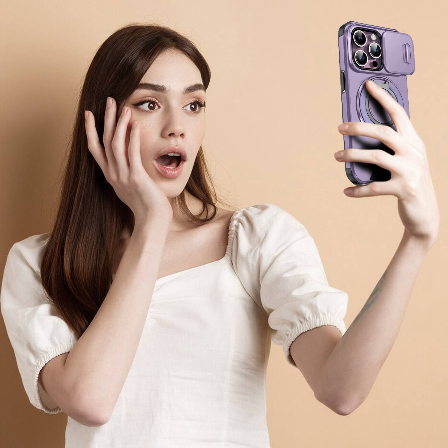 Alt View 6. UUCOVER - For Apple iPhone 14 Pro Magnetic Kickstand Case with Slide Camera Lens Cover & 360° Ring - Drop Protection Phone Shell - Purple.