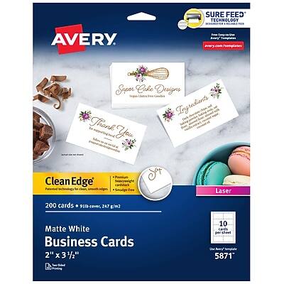 AVERY
SURE FEED TECHNOLOGY
FOR RELIABLE FEEDING
Clean Edge Patented technology for Prominent card edge
Matte White Business Cards
200 cards + 9115 cover, 247 g/m2
2" x 3 1/2"
10 Cards per sheet
5871
Super Cake Designs
Ingredients
Thank You
Invitations
Laser
10 Cards per sheet
5871