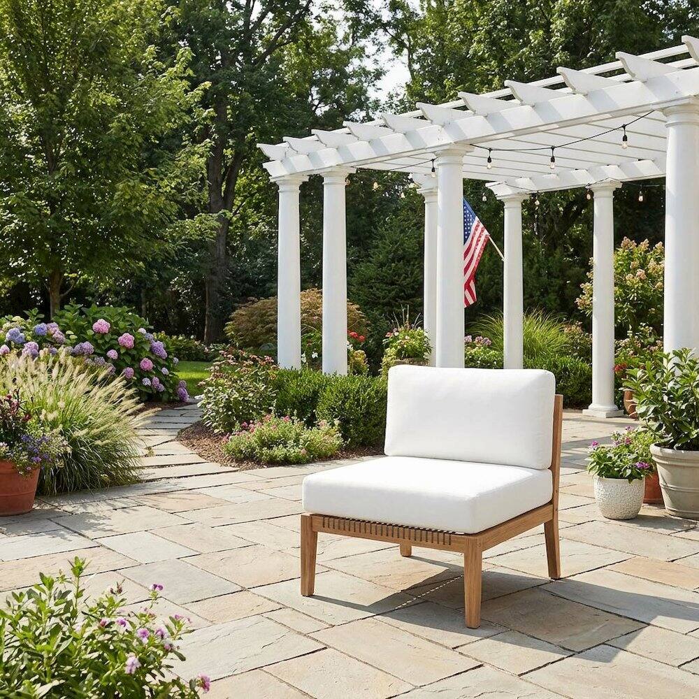 Left. Outdoor Escape - Teak Wood Outdoor Lounge Chair With Back And Seat Cushions - Gray.