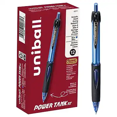 Sure, here is the corrected and grouped text:
**Uniball Power Tank RT**
- **Model:** 42071
- **Features:**
- Smooth, Quick Drying
- Ballpoint Style A
- Cille A Schage
- PECOC
- Rapid Et Lisse
- **Color:** Blue
- **Line Width:** 1.0mm
- **Count:** 12
- **Protection:**
- Protects Against Water Fading
- Fraud
- Extreme Conditions
- **Works in Extreme Conditions**
- **Specifications:**
- Medium
- Moyenne
- **Additional Info:**
- Works in Extreme Conditions
- Tank RT
- Power Tank RT