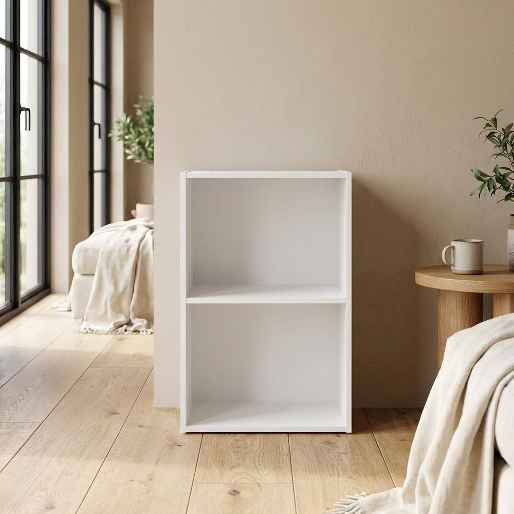 Left. FurniFact - White 2-Tier Open Shelf Bookcase with Stylish Wooden Design - White.