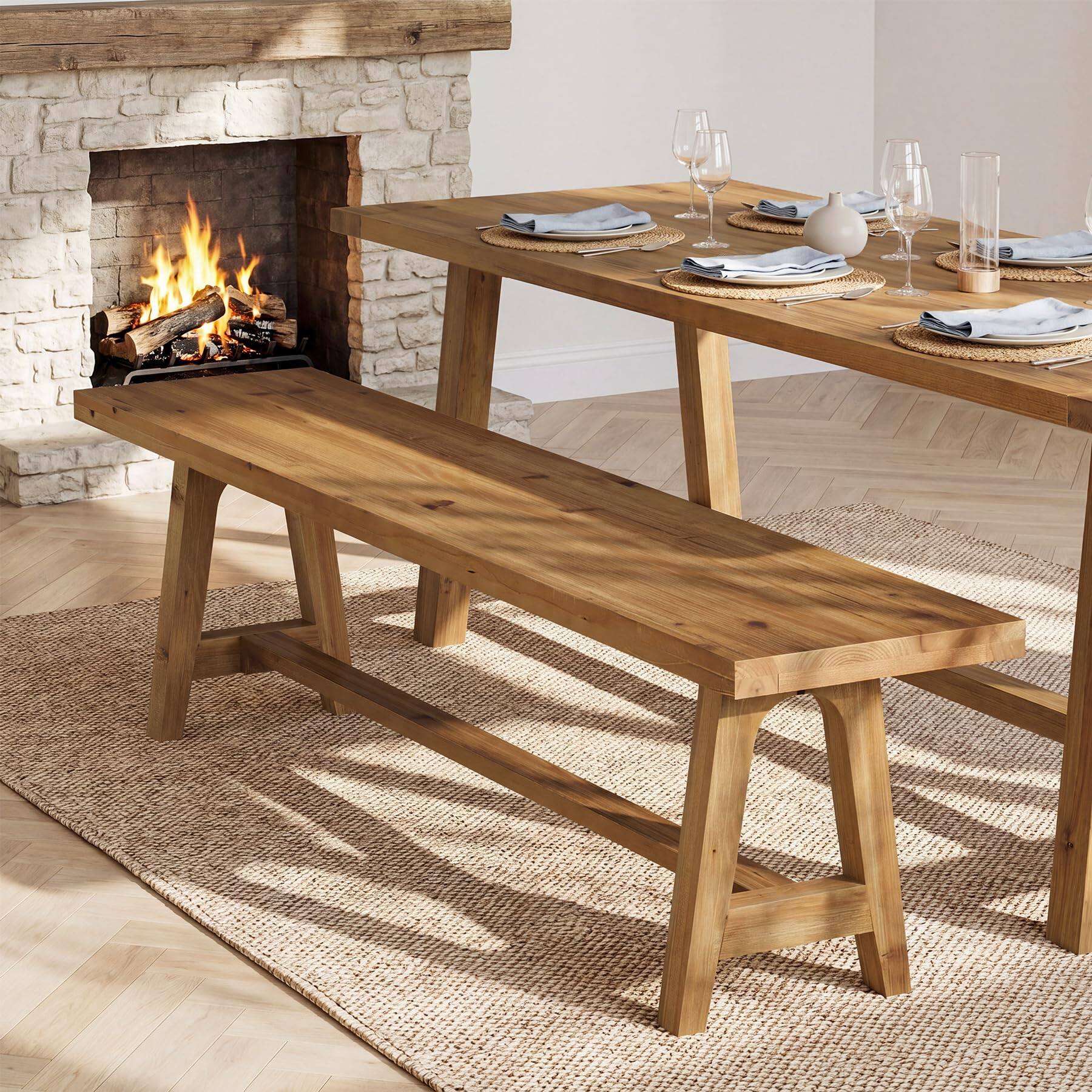 Back. Tribesigns - Solid Wood Dining Bench, 63 Inch Long Farmhouse Kitchen Bench for Dining Room, Kitchen, Easy to Assemble, Brown - Brown.