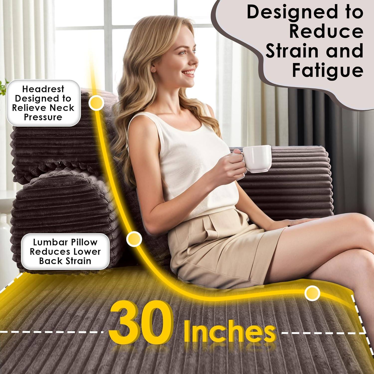- Headrest Designed to Relieve Neck Pressure
- Designed to Reduce Strain and Fatigue
- Lumbar Pillow Reduces Lower Back Strain
- 30 Inches