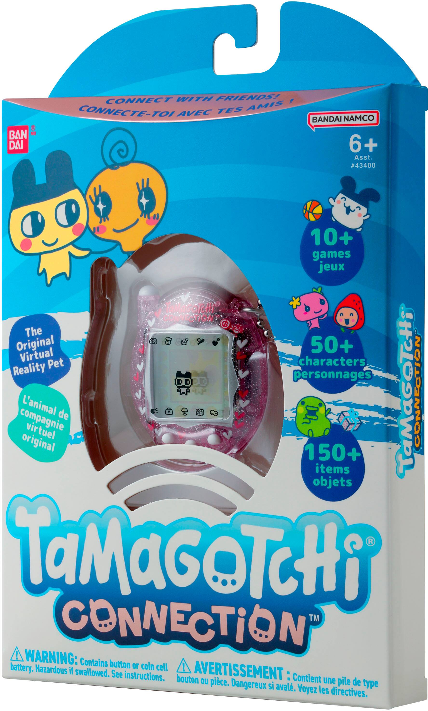 Grouped and corrected text:

"Connect with friends! TaMaGoTcHi CONNECTION: The Original 50+ Virtual Reality Pet with 150+ items. L'animal virtuel de TaMaGoTcHi CONNECTION. Contient ou pice. une pile de type Dangereux si aval. Voyez les directives."