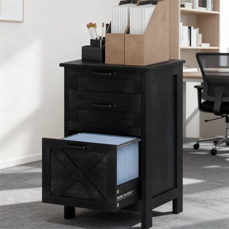 Alt View 1. HTUTWOO - File Cabinet with 3 Drawers - Farmhouse Office Storage Cabinet, Vertical Filing Organizer, Metal Frame with Wood Finish - Black.