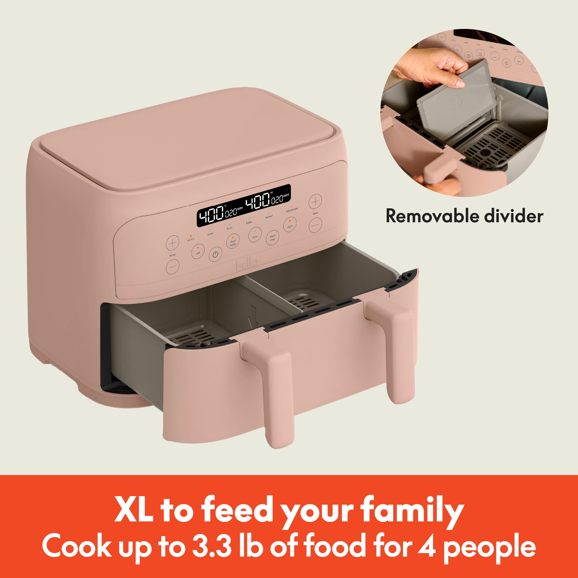 Removable divider, XL to feed your family, Cook up to 3.3 lb of food for 4 people