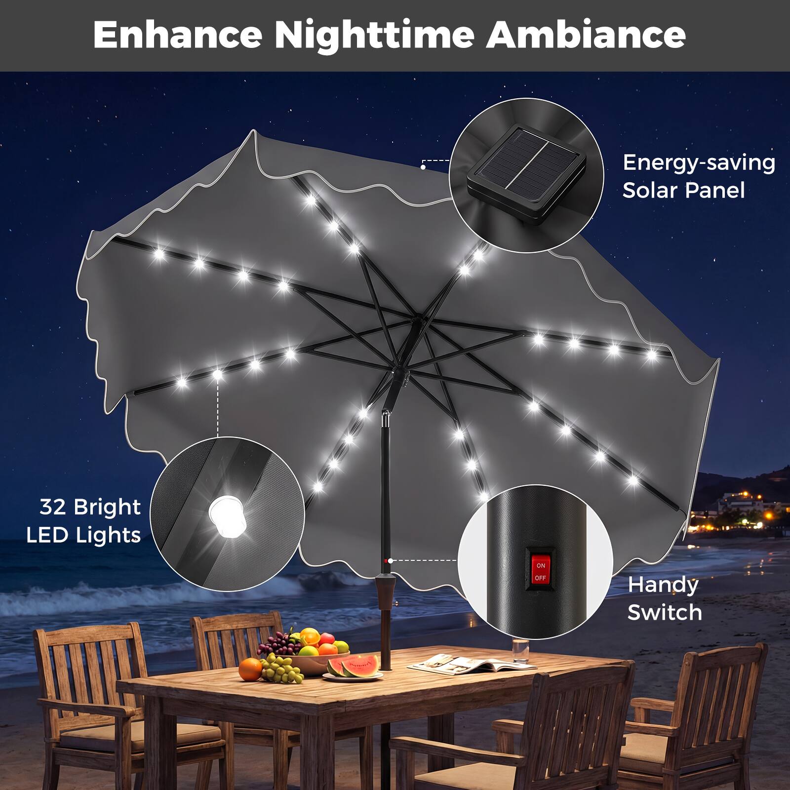 Enhance Nighttime Ambiance  
Energy-saving Solar Panel  
32 Bright LED Lights  
Handy Switch